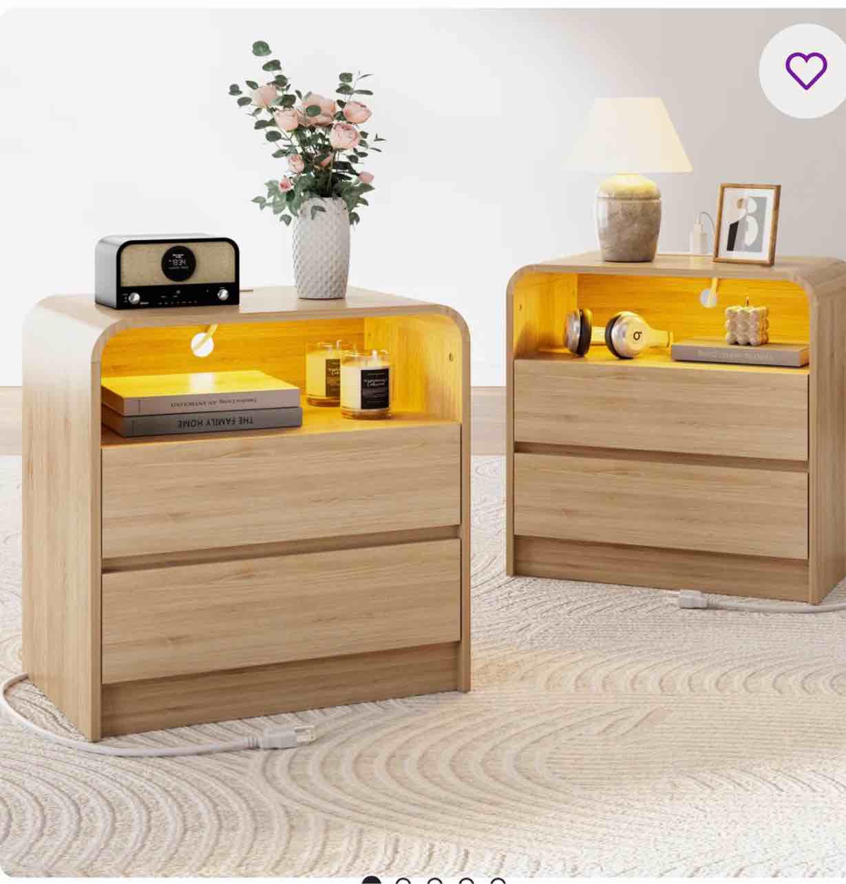 24" Modern Nightstand Set of 1 LED Light & Charging Station, 2 Handleless Drawers End Table with Open Shelf, Curved Profile, Side Table for Bedroom, Living room