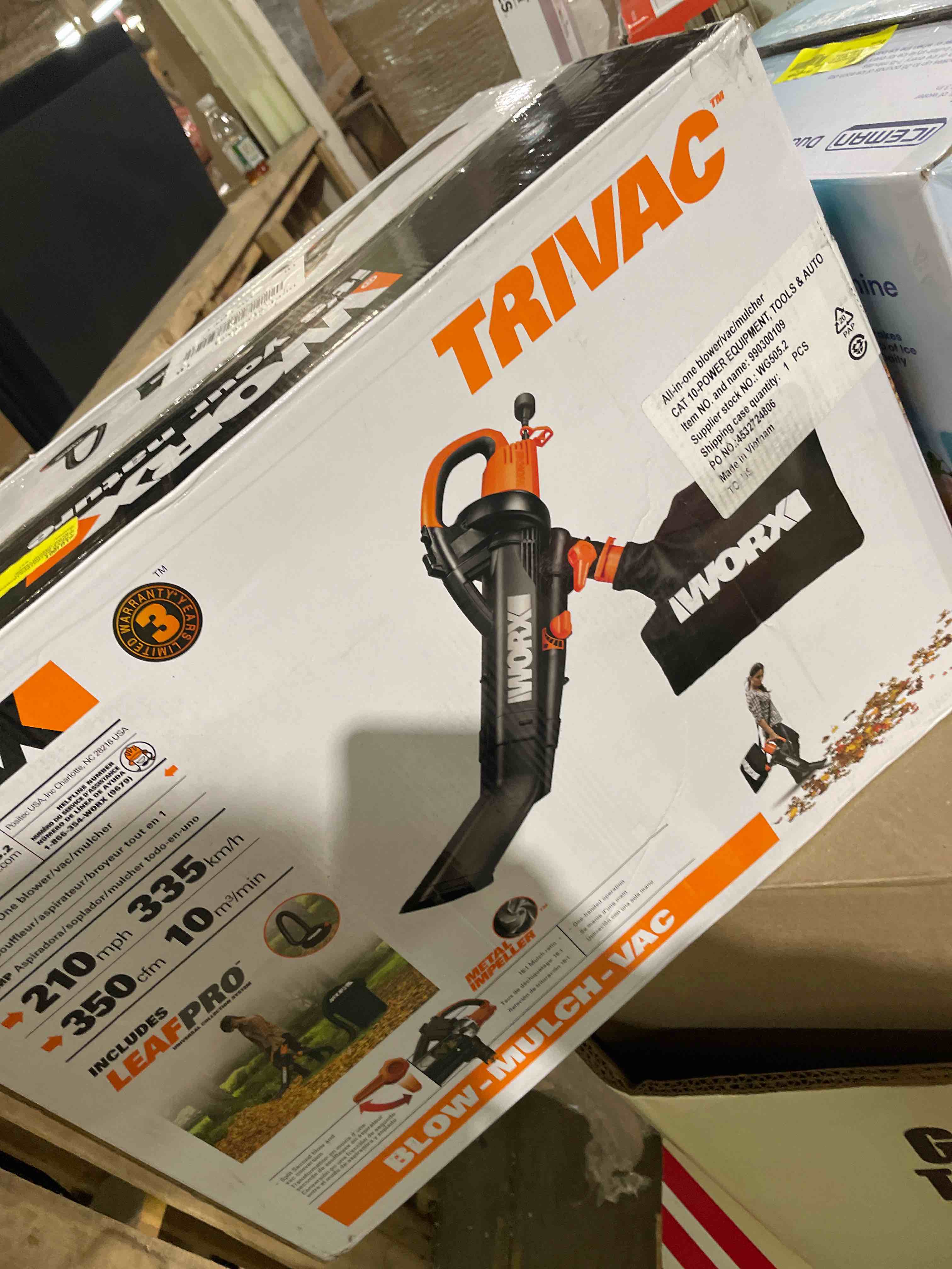 Condition photo showing New/Like New for Worx TRIVAC 12 Amp 3-in-1 Blower/Mulcher/Vacuum With LEAFPRO Collection System