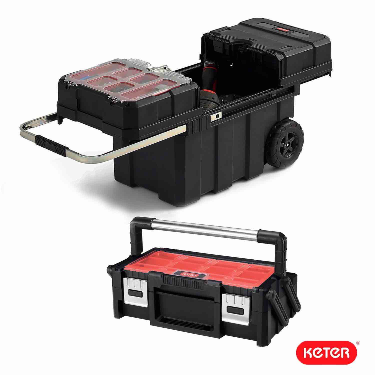 Heavy-Duty Keter Masterloader Rolling ToolBox + 18in Cantilever Organizer / Telescoping Handle