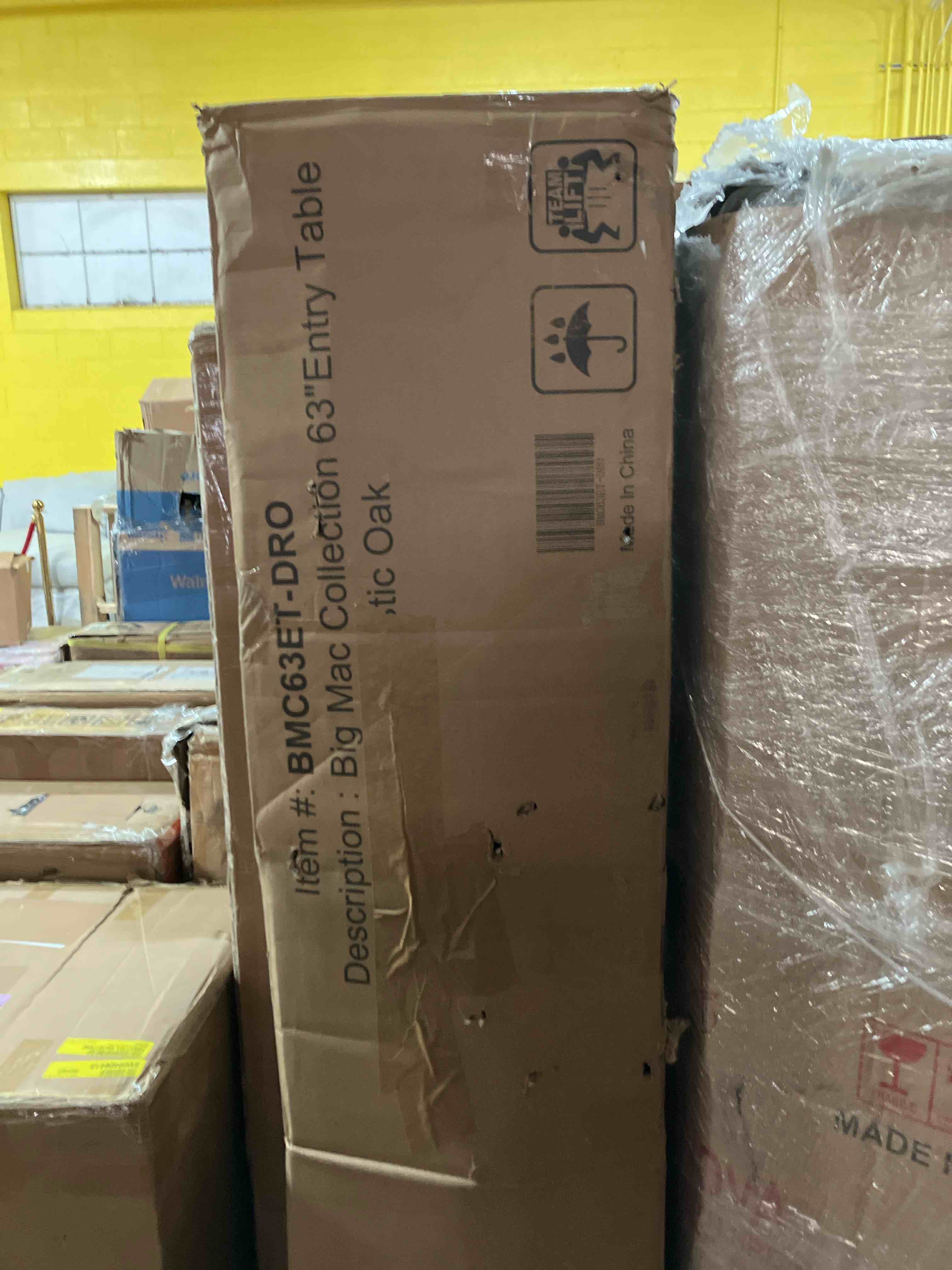 Condition photo showing Good Condition for OKD Modern Entryway Console Table, Sofa Table with Drawers, 63" Long Hall Table Behind Couch, Thick Wood Design for Living Room, Hallway - Dark Rustic Oak