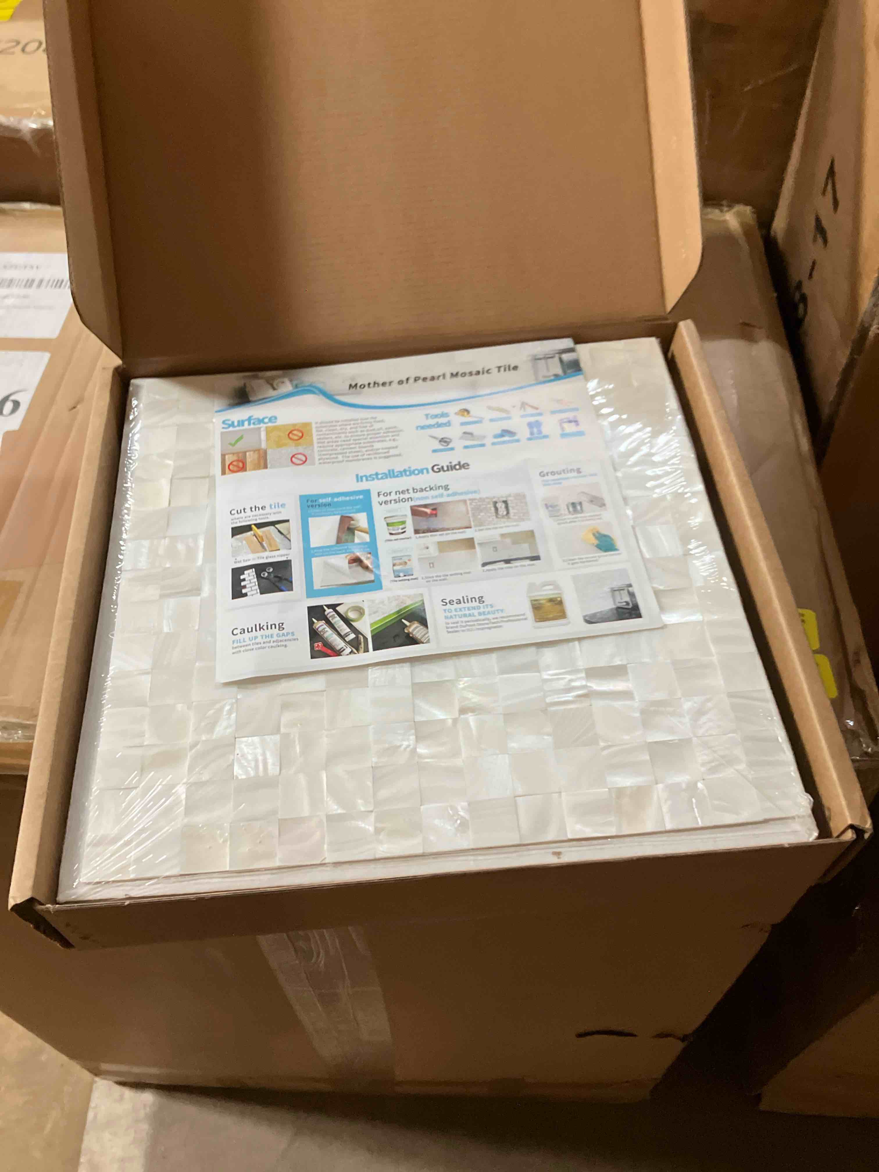 Condition photo showing New/Like New for Mother Of Pearl Polished 1x1 Iridescent Shell Mosaic