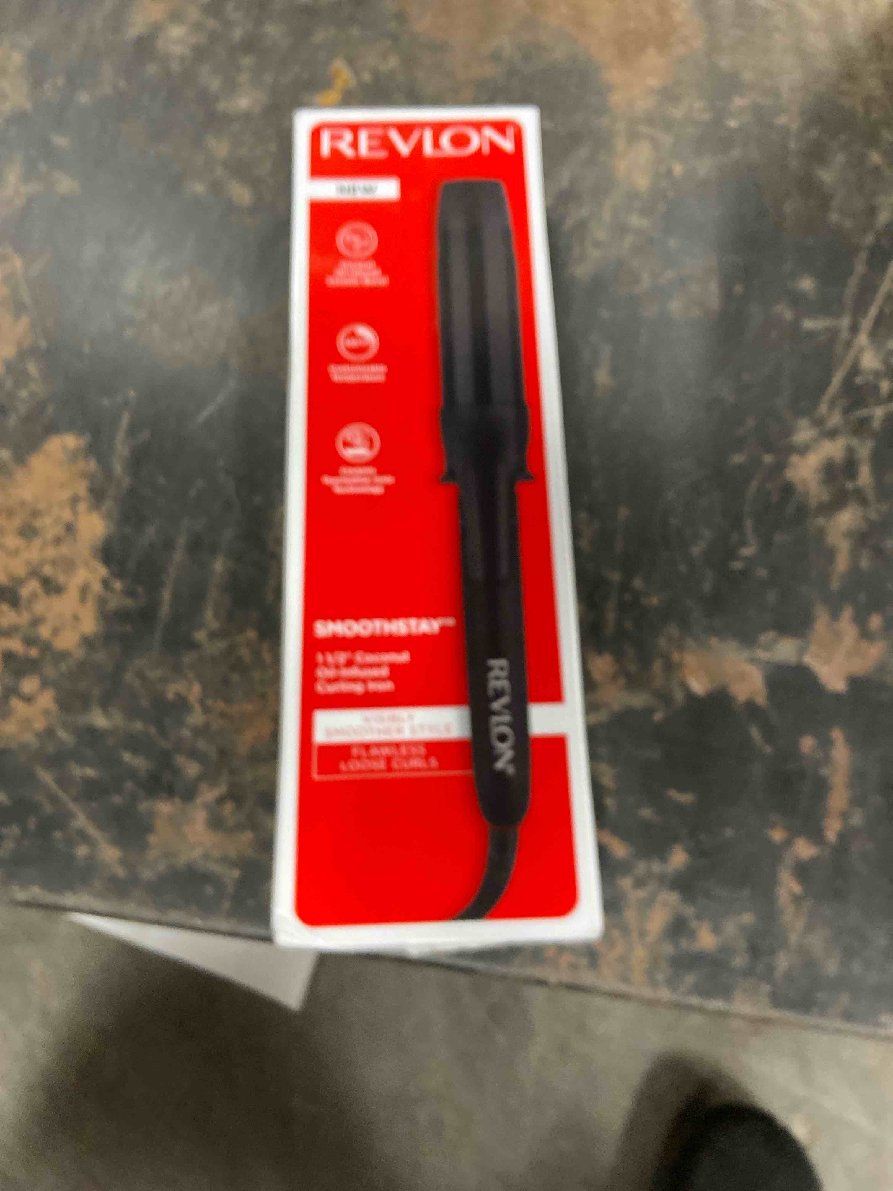 Condition photo showing New/Like New for REVLON SmoothStay Coconut Oil Infused Hair Curling Iron - Barrel Curling Iron 1 ½ Inch for Loose Curls, Shinier, Visibly Smoother Hair (1 ½ in) Black 1-1/2 Inch CURLING IRON