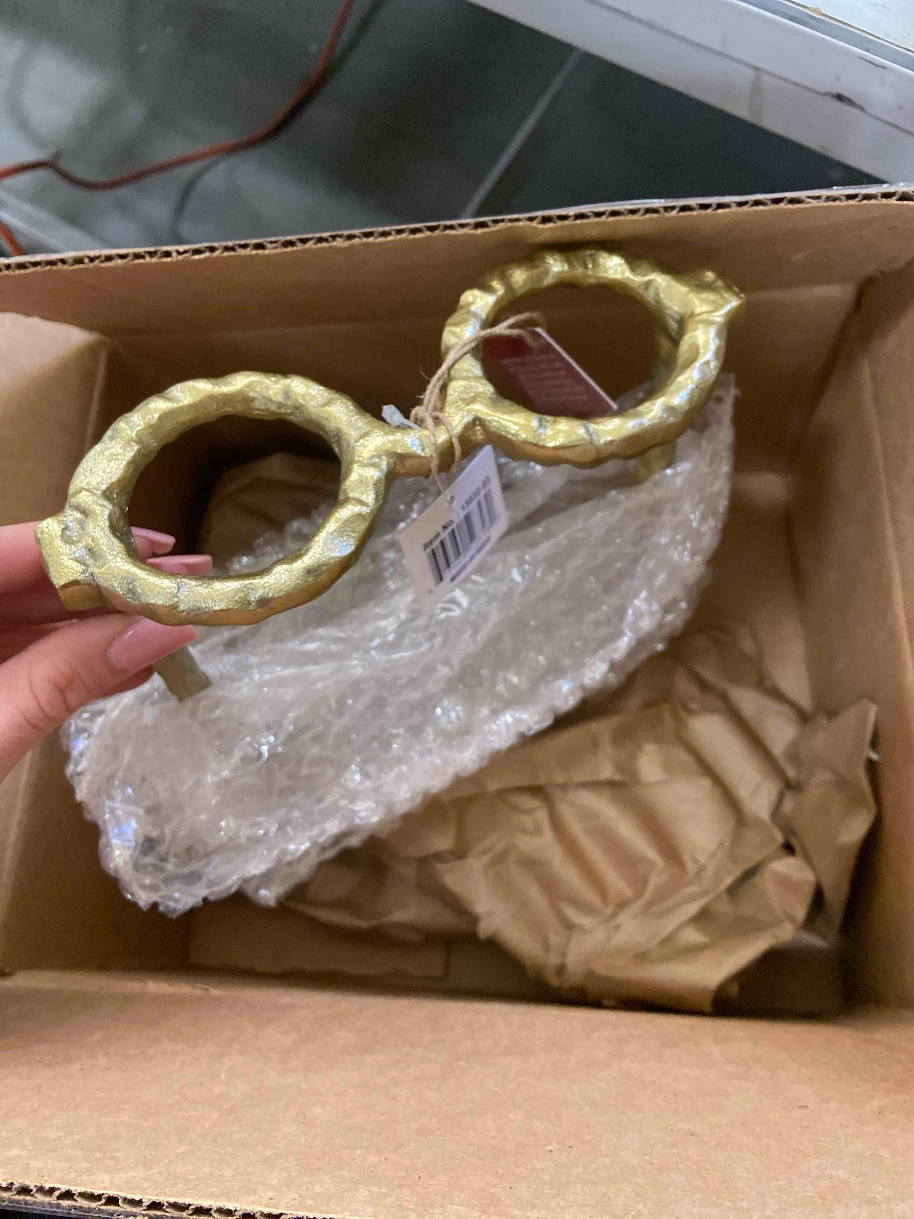 Condition photo showing New/Like New for Sagebrook Home Abstract Round Glasses Aluminum Sculpture Decoration, Room or Office Décor, Gold 8 L x 8 W x 3 H Inches