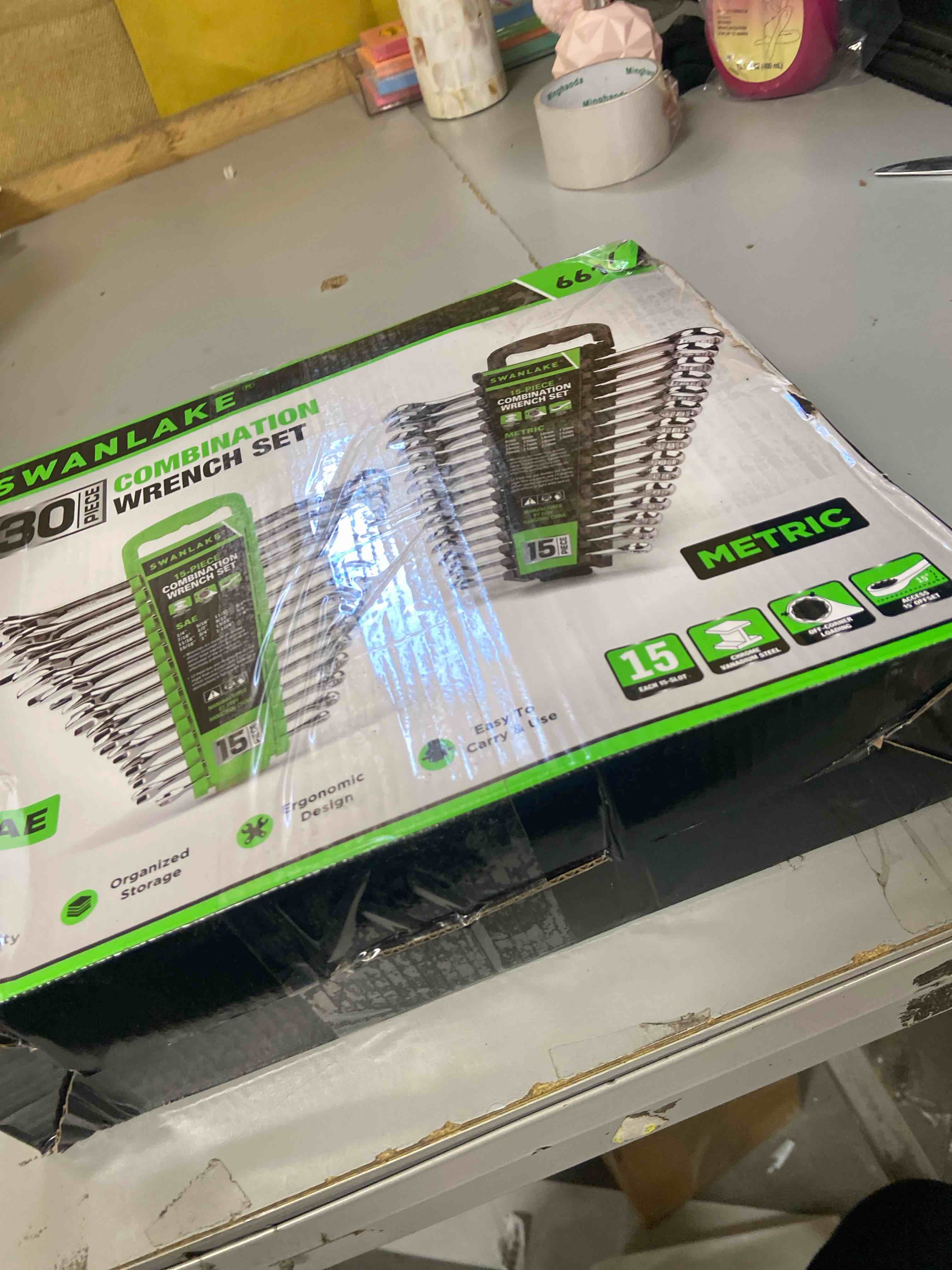 Condition photo showing New/Like New for SWANLAKE 30-Piece Combination Wrench Set, Metric & SAE (8-22mm & 1/4” to 1-1/16”),12-Point Open End Standard Wrench Set, Mechanics Wrenches Sets, Chrome Vanadium Steel with Storage Rack