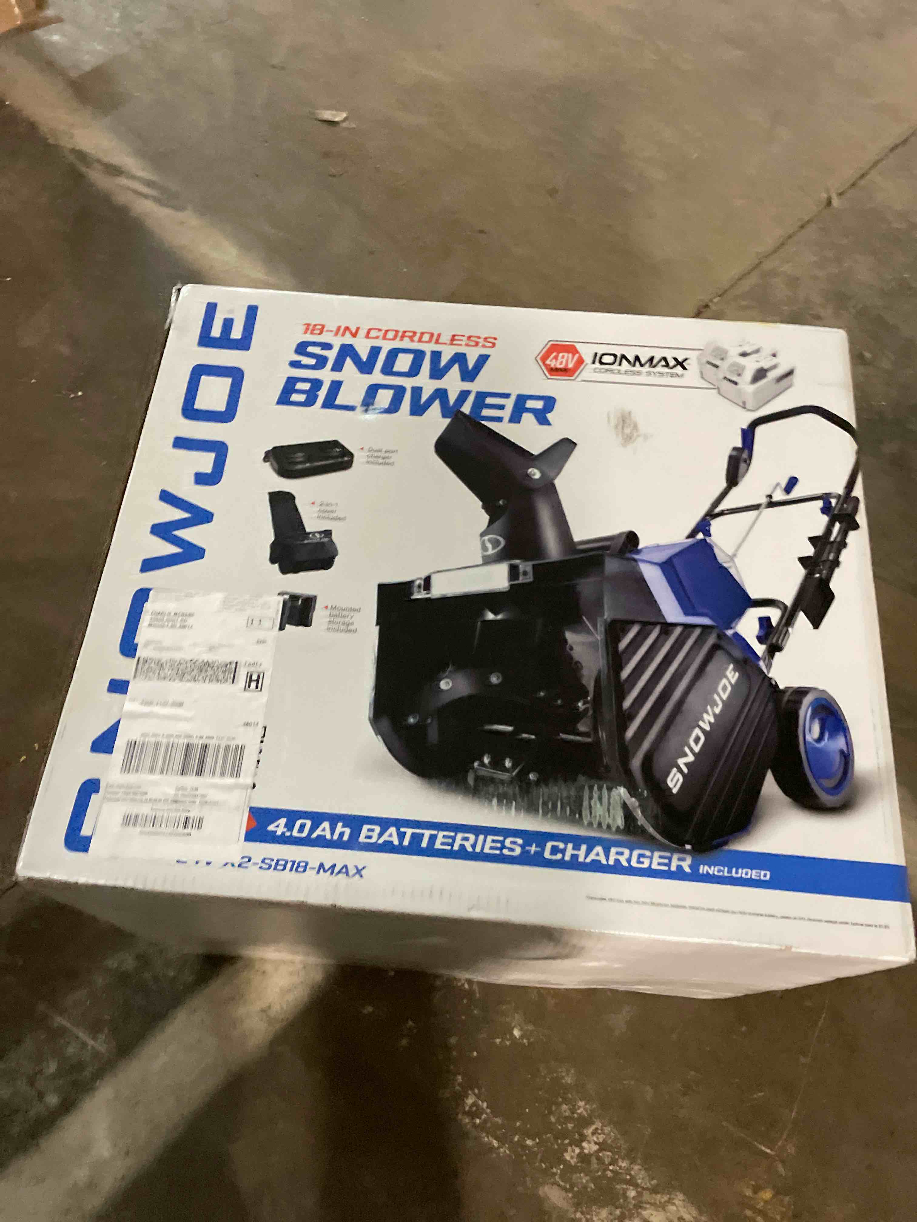 Condition photo showing Good Condition for Snow Joe 24V IONMAX Cordless Snow Blower with Electric Engine Type for Yard, Lawn, Patio, Garden, and Outdoor Spaces, Blue, 24V-X2-SB18-GO 18-Inch Kit GO Series (w/2x 4.0-Amp Battery and Charger)