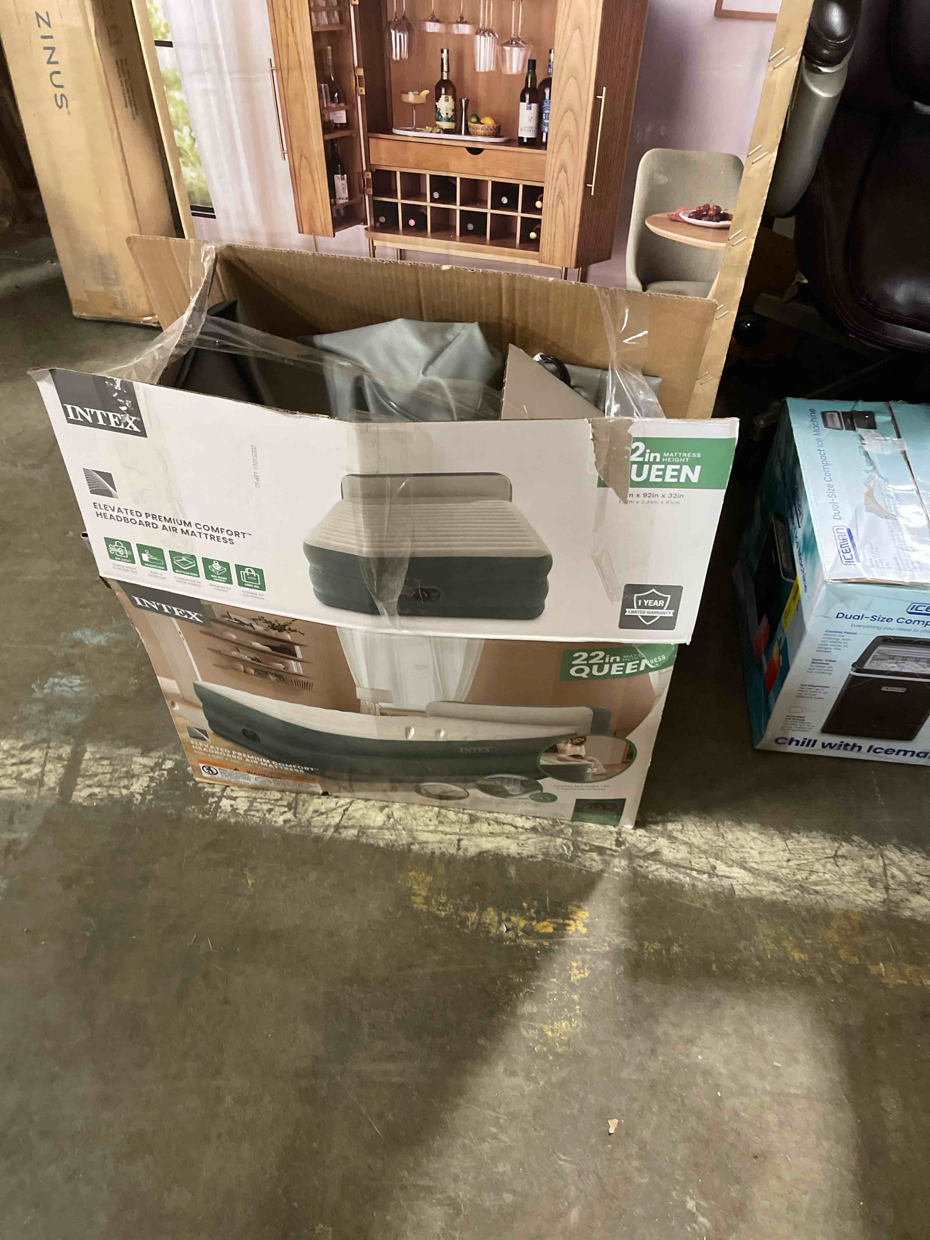 Condition photo showing As Is for Intex 64417ED 22in Queen Dura-Beam Comfort Plush High-Rise Inflatable Air Mattress with Built in Pump for Travel and Camping, 600lb Weight Capacity 22" Grey Queen