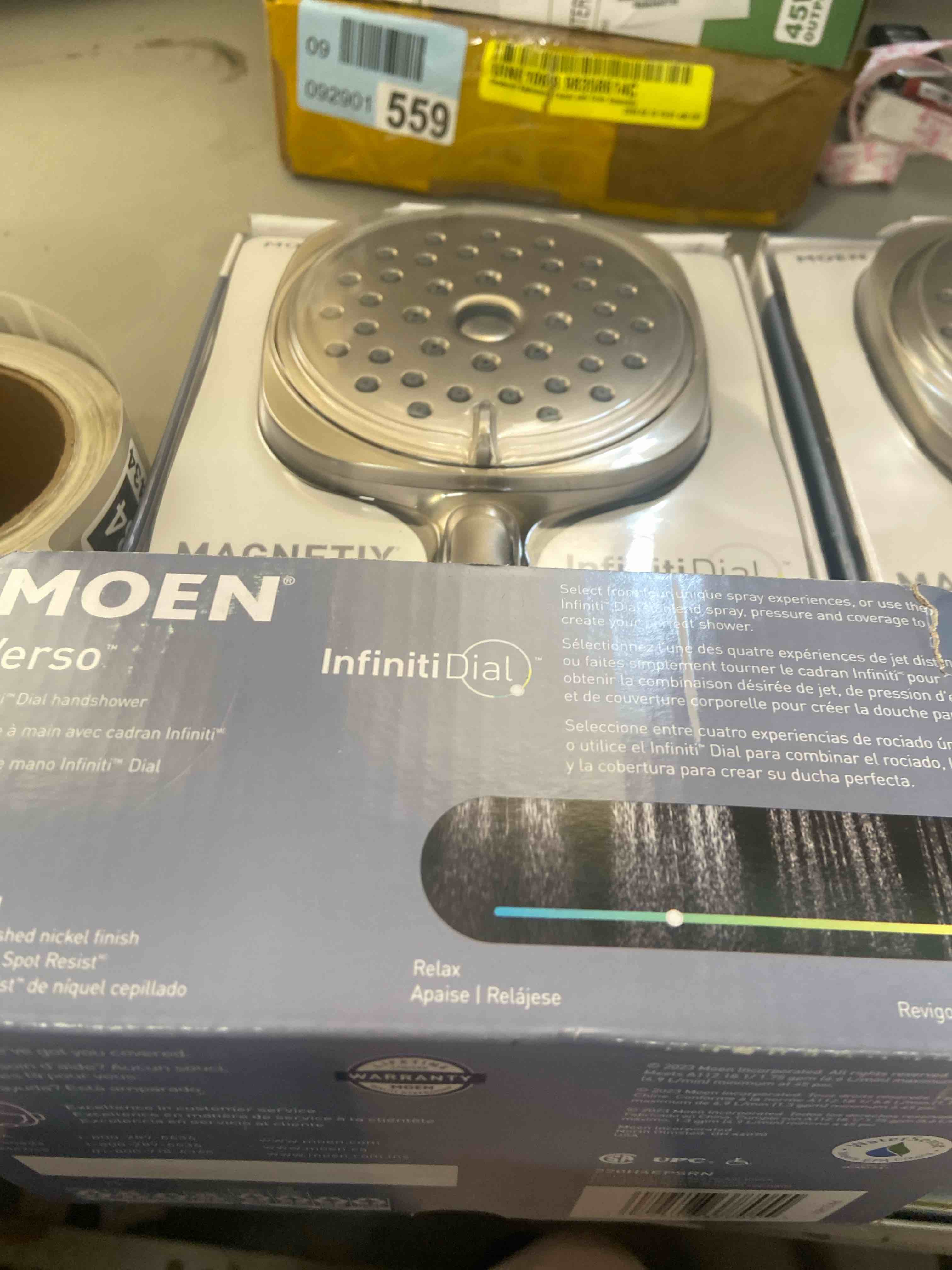 Condition photo showing New/Like New for Verso Square Magnetix 8-Spray Patterns Wall Mount Handheld Shower Head with 1.75 GPM 5 in. in Spot Resist Brushed Nickel