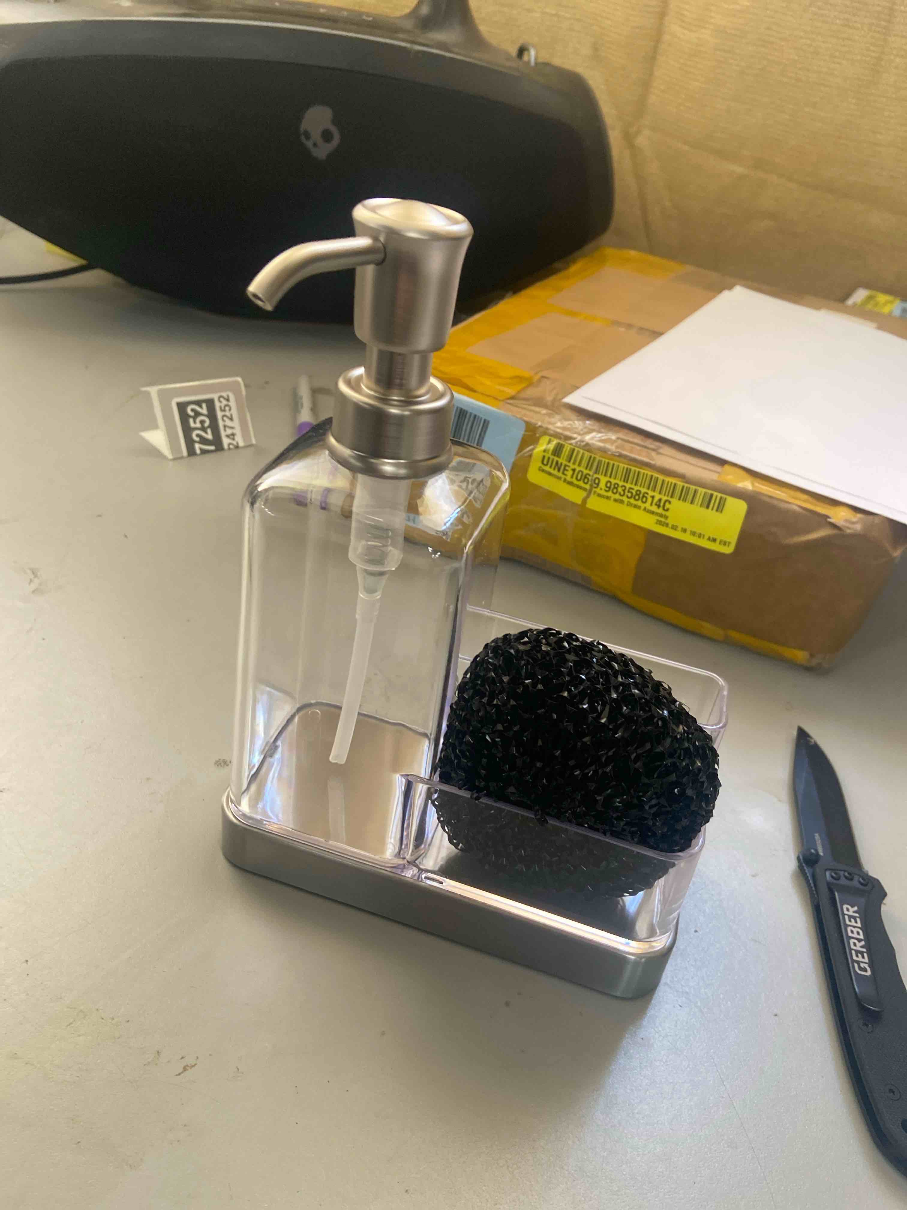 Condition photo showing New/Like New for iDesign 67080 Forma Plastic Soap Pump with Caddy, Dispenser with Storage Compartment for Bathroom, Kitchen Countertops, Sinks, Set of 1, Stainless