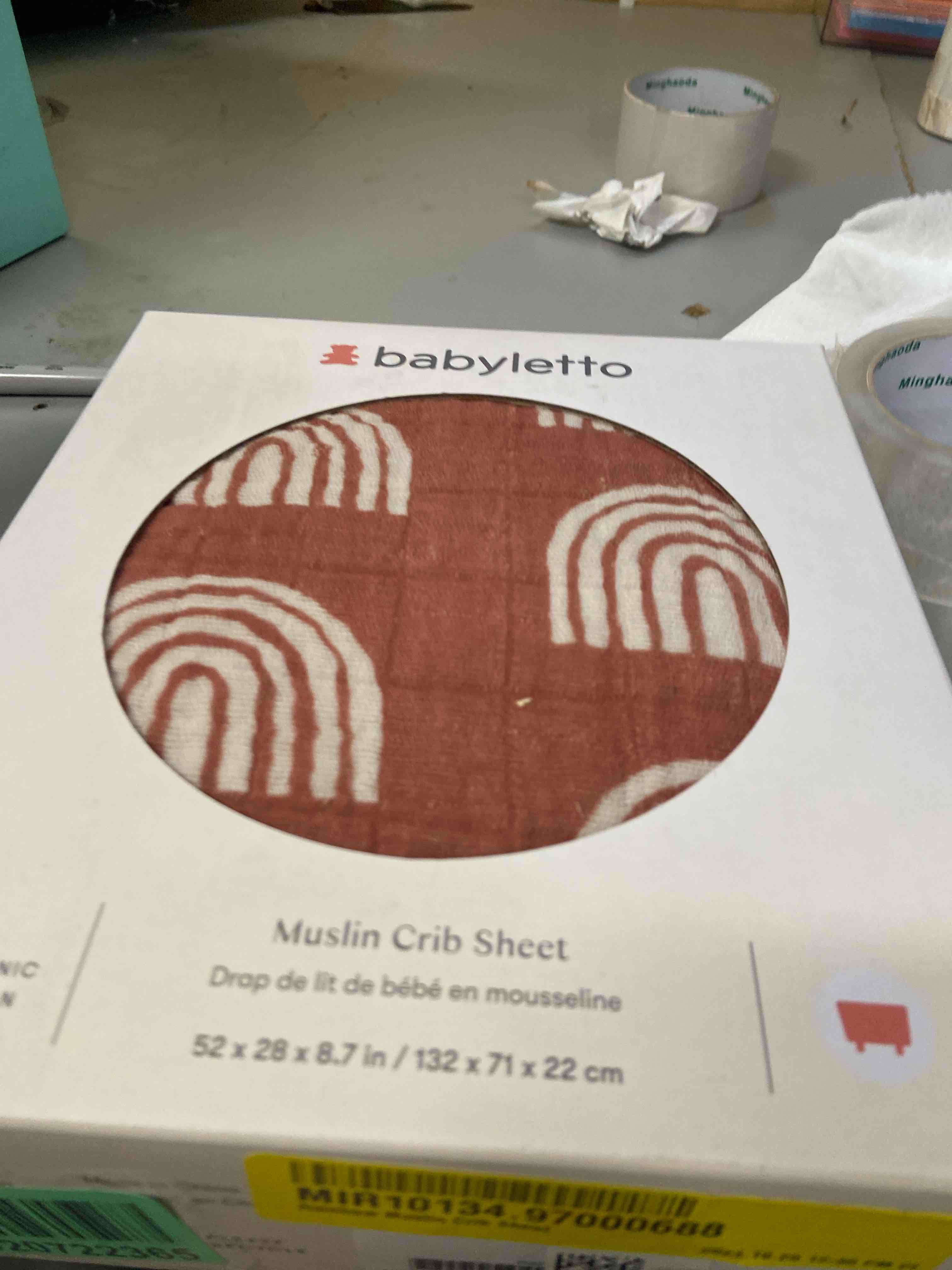 Condition photo showing New/Like New for Babyletto Muslin Baby Bassinet Sheets for Girls & Boys - GOTS Certified Breathable Organic Cotton Cover, 360° Fitted, Soft & Cozy Rectangle Bedside Bassinet Sheets - Terracota Rainbow