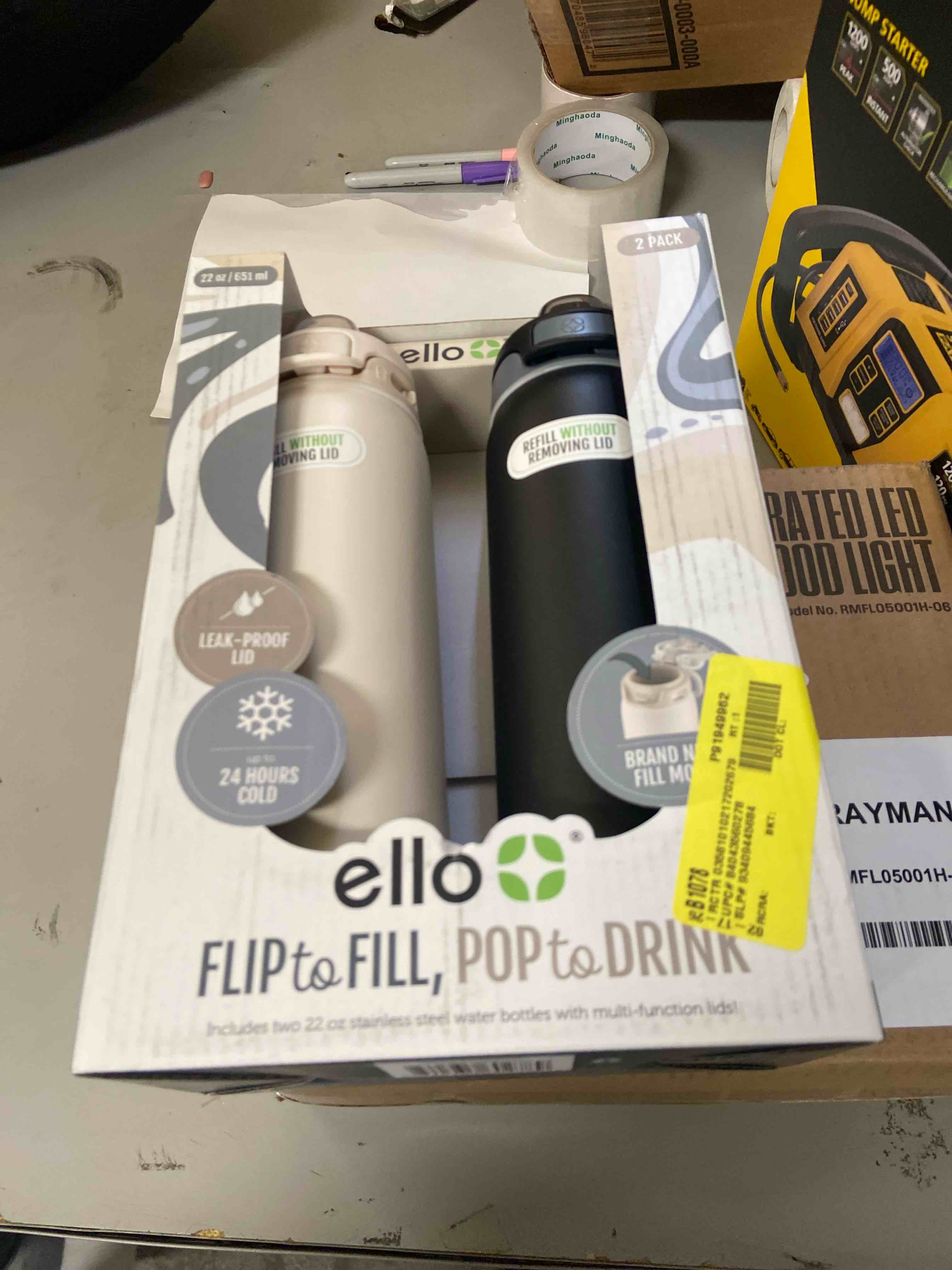 Condition photo showing New/Like New for Ello Flip to Fill, Pop to Drink Stainless Steel Water Bottle with Leak-Proof Locking Lid, 22 oz โ Reusable Insulated Travel Bottle, Color: Dunes/Charcoal