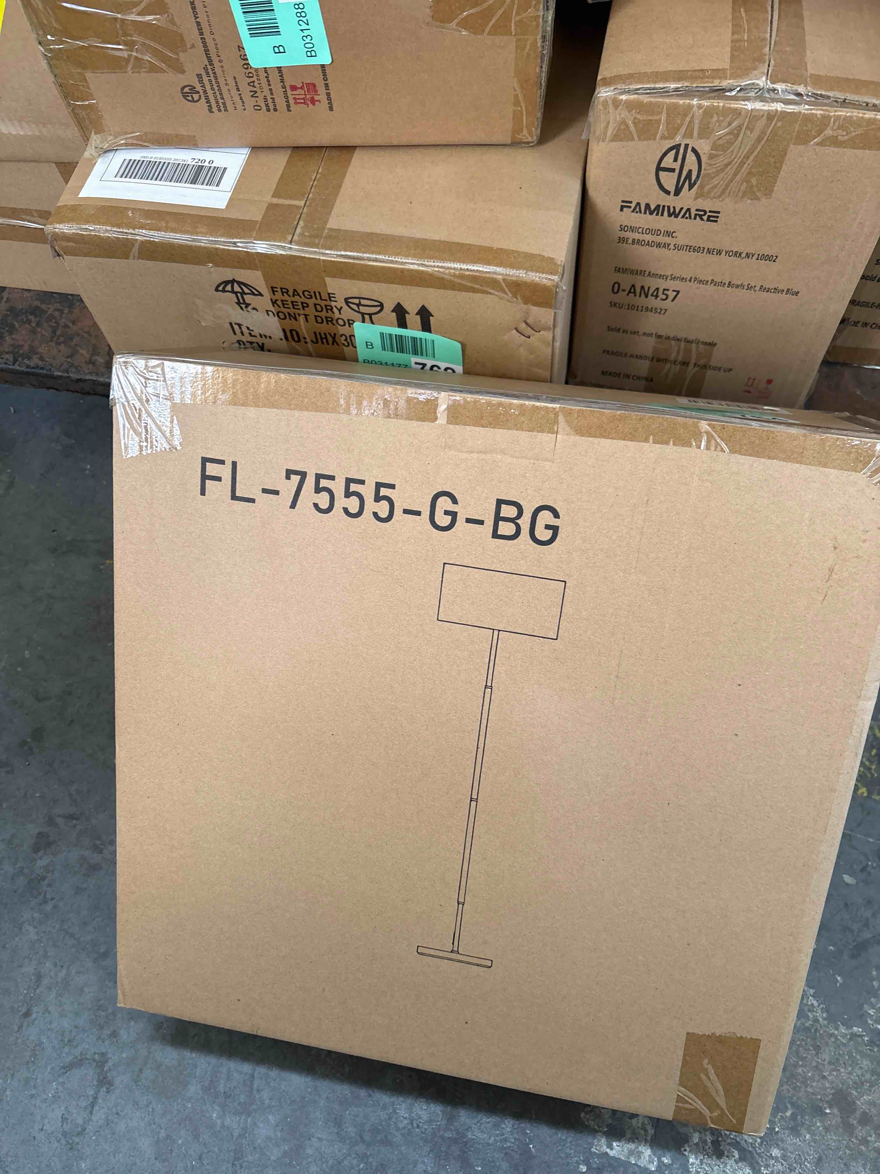 Condition photo showing New/Like New for Ambimall 60'' Modern Floor Lamp - White Shade & Gold Pole, Tall Lamp for Living Room, Bedroom, Office, Model RPT-ZGB10113