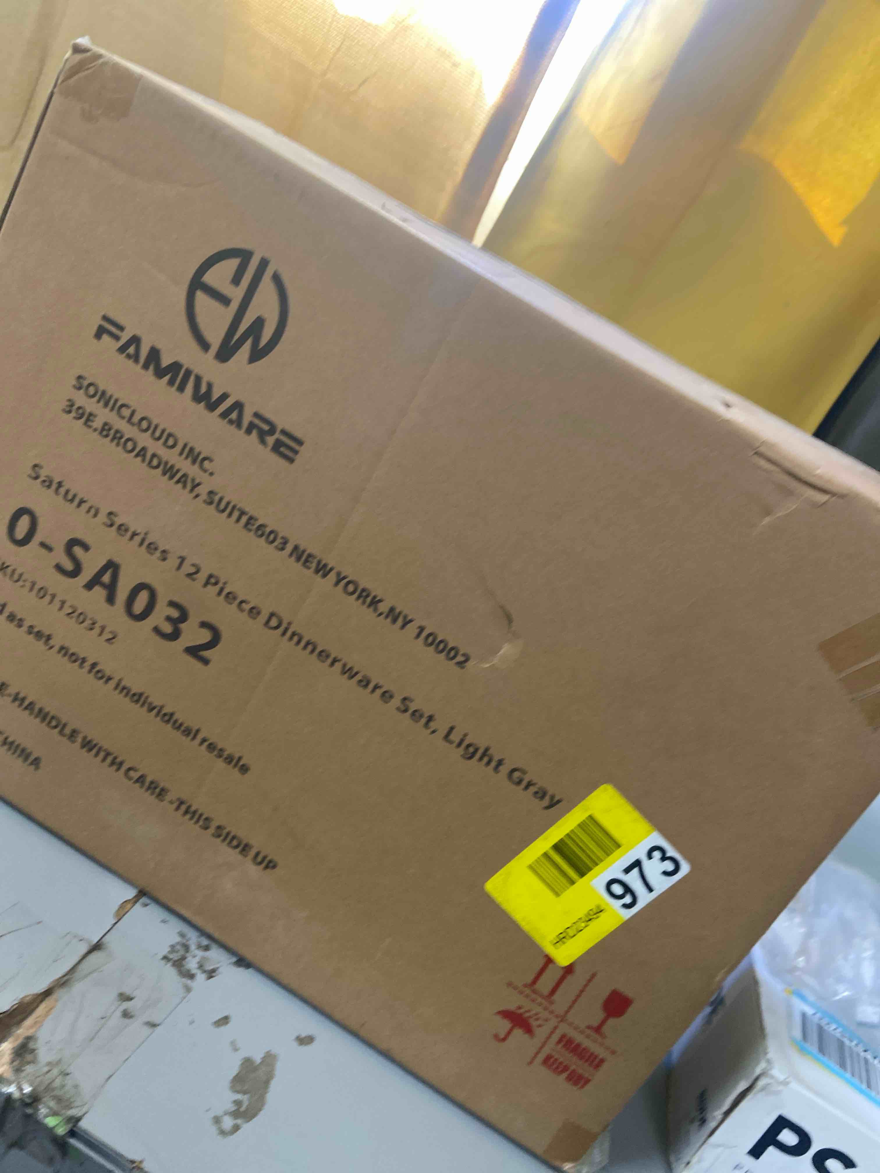 Condition photo showing New/Like New for Famiware Saturn 16 Pieces Plates and Double Bowls Sets for 4, Stoneware Dinnerware Set with Pasta Bowl, Dish Set with Trim - Chip & Scratch Resistant, Microwave & Dishwasher Safe, Light Gray