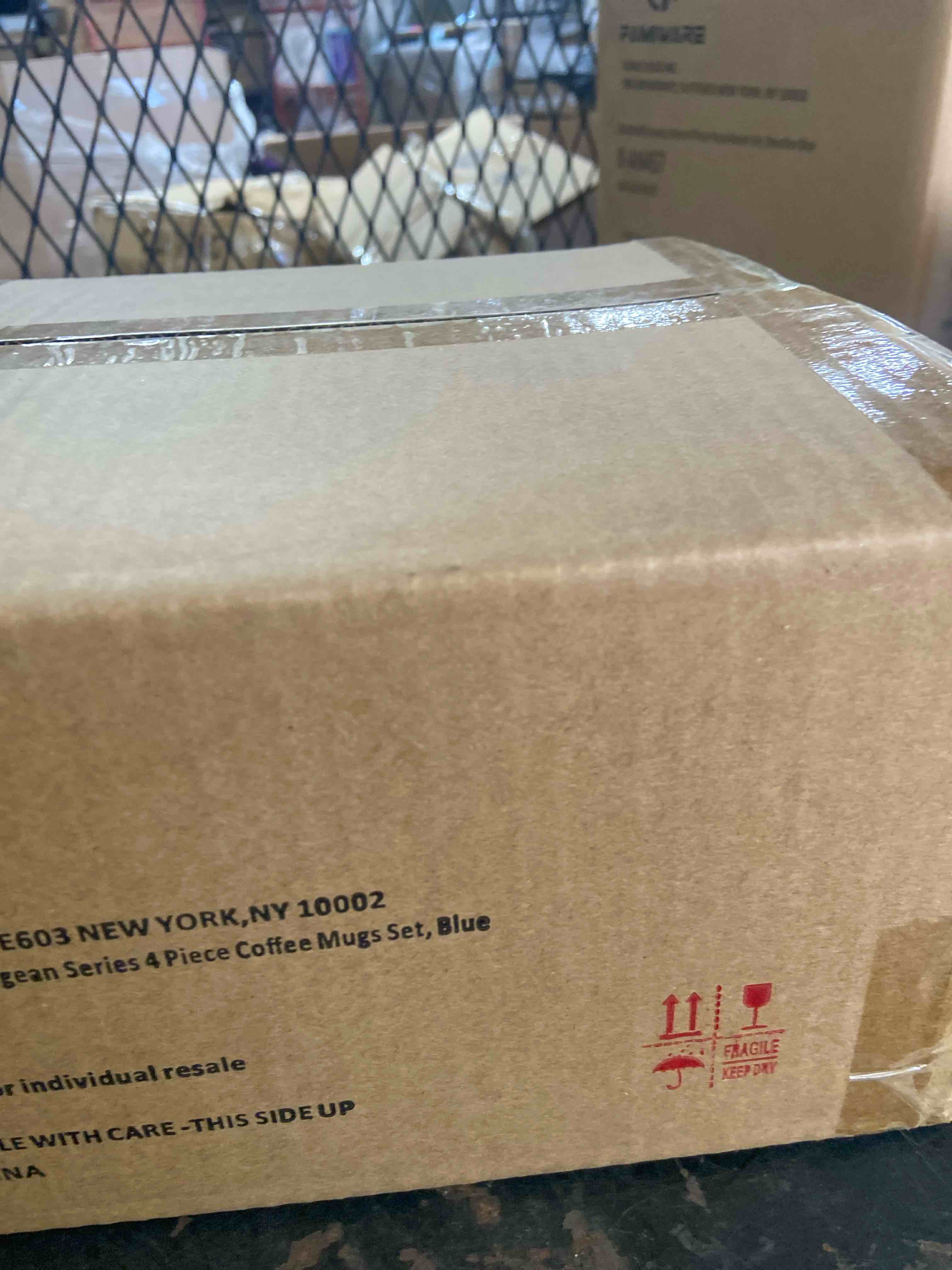 Condition photo showing New/Like New for famiware Coffee Mug Set for 4, Aegean 14 oz Large Catering Cup Set with Handle for Coffee, Tea, Cocoa, Milk - Microwave and Dishwasher Safe, Blue Grey