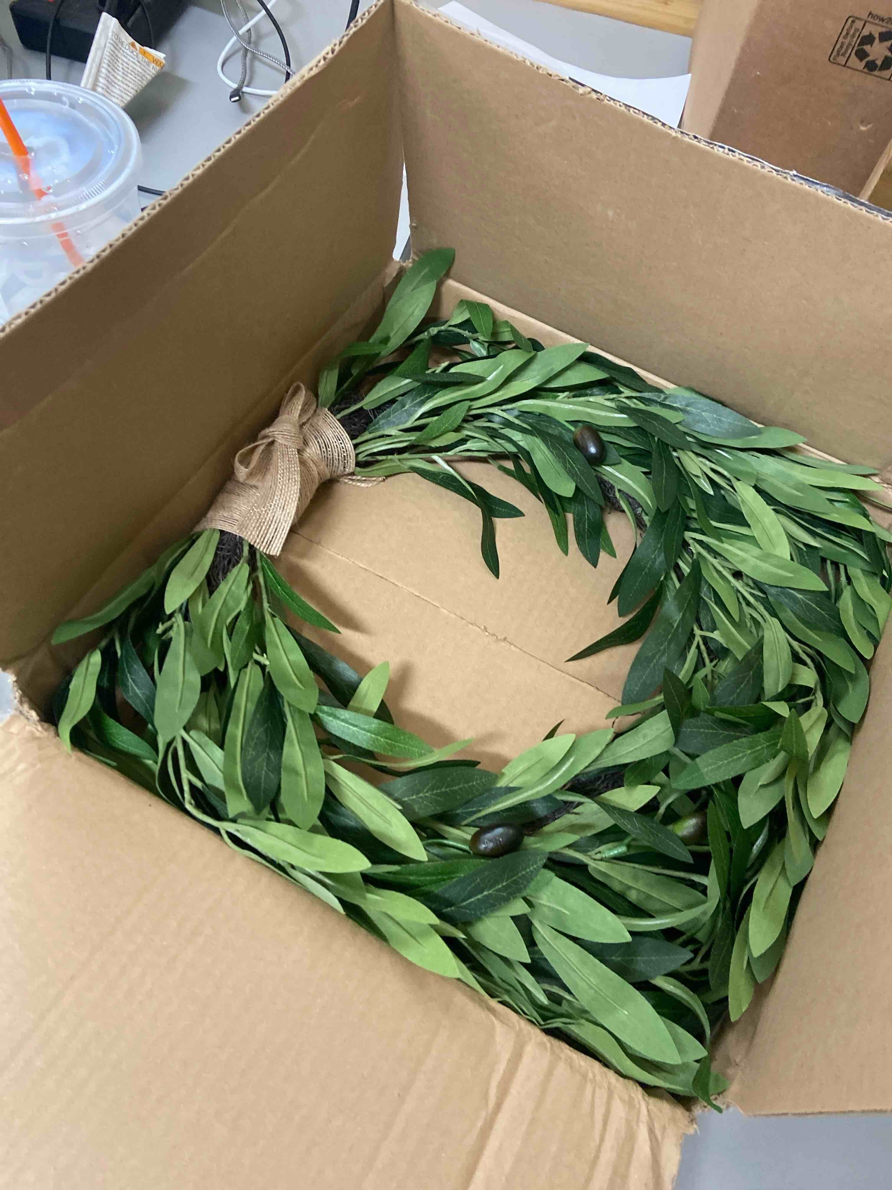 Condition photo showing New/Like New for Olive Wreath for Front Door 22 inch, Greenery All Season Wreath with Olive Leaf Fruit, Home Decoration for Outdoor Living Room Indoor Wall and Outside Summer All Season Wedding Olive-green