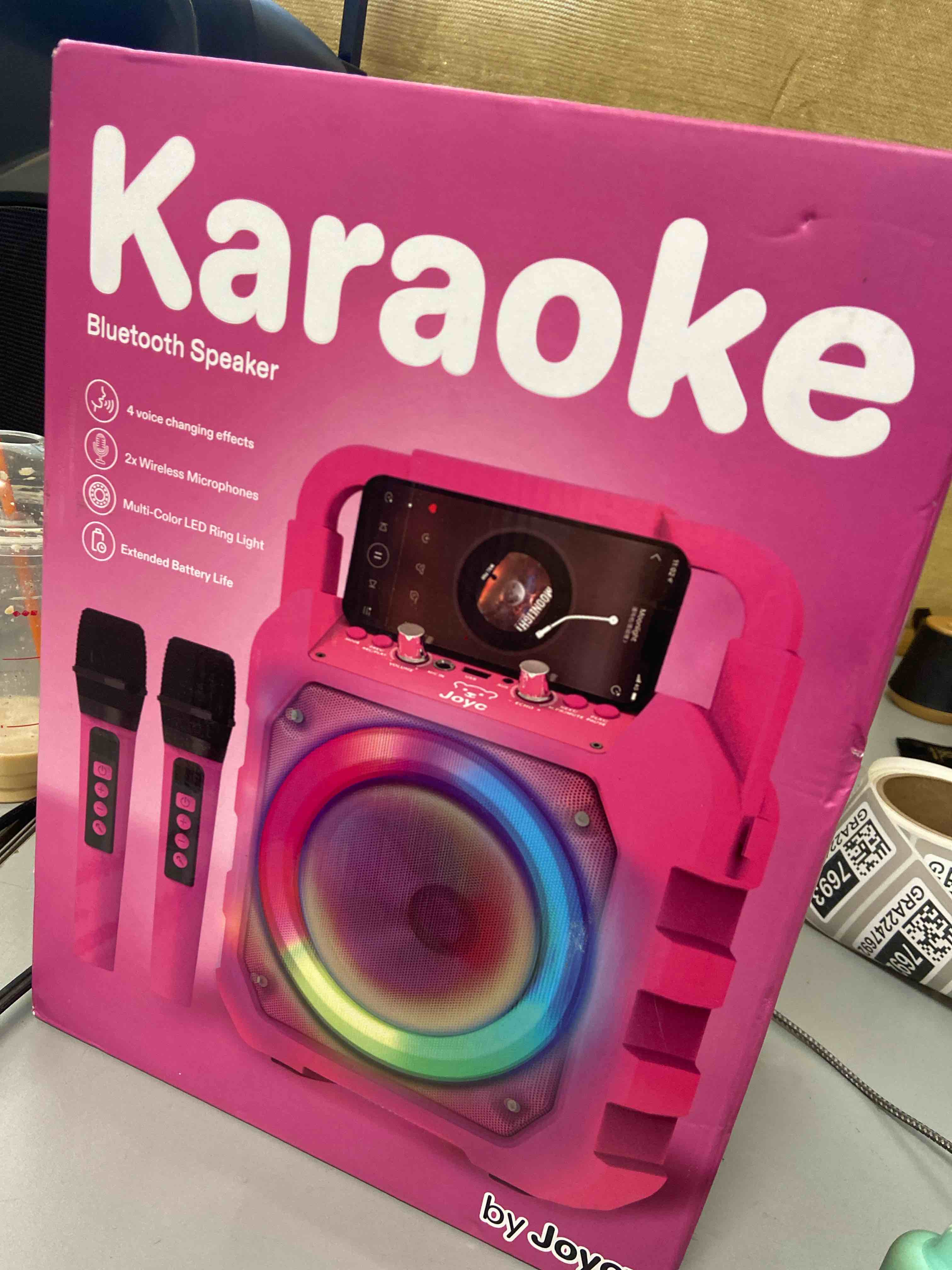 Condition photo showing New/Like New for JOYC Mic Drop Karaoke Machine with 2 Wireless Mics & RGB Lights