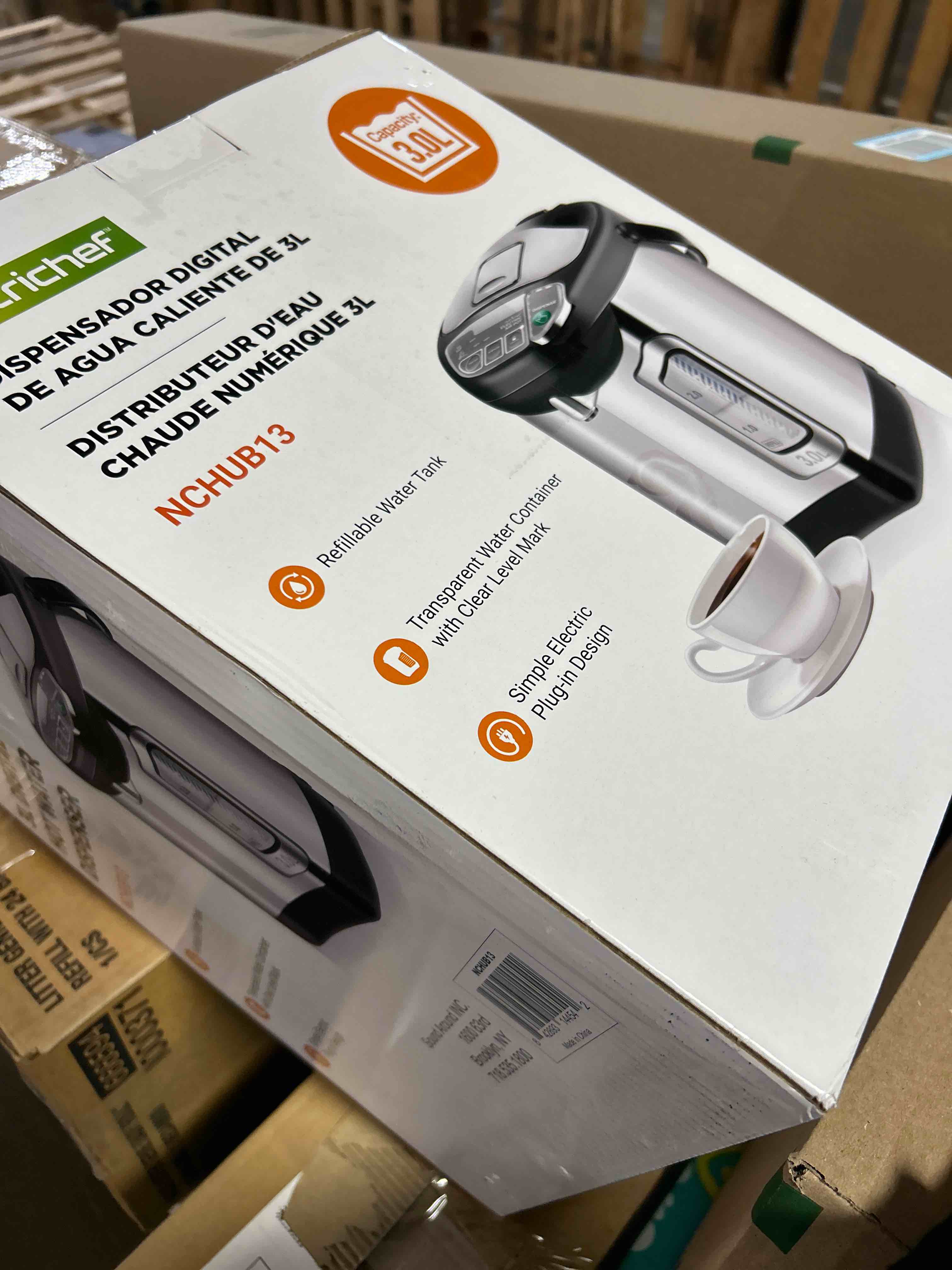 Condition photo showing New/Like New for NutriChef Electric Water Boiler and Warmer - 3L/3.17 Qt Stainless Steel Electric Hot Water Dispenser w/Rotating Base, Auto Shut Off, Safety Lock, Instant Heating for Coffee & Tea (NCHUB13)