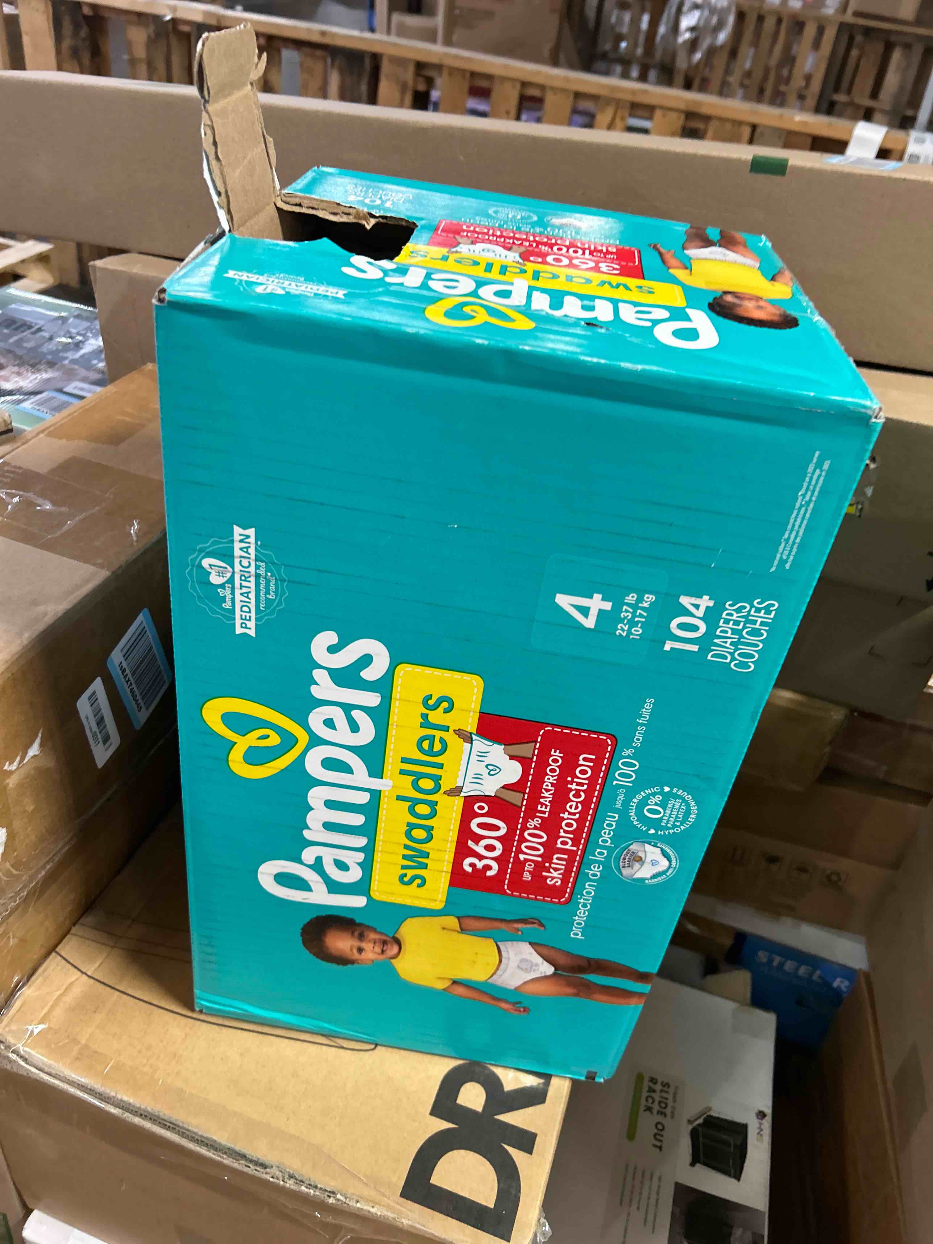 Condition photo showing Good Condition for Pampers Diapers - Swaddlers 360° - Size 4, 104 Count, up to 100% Leakproof Comfy Dry Fit, Designed for Easy Changes, Pull On Baby Diaper (Packaging May Vary) Size 4 104
