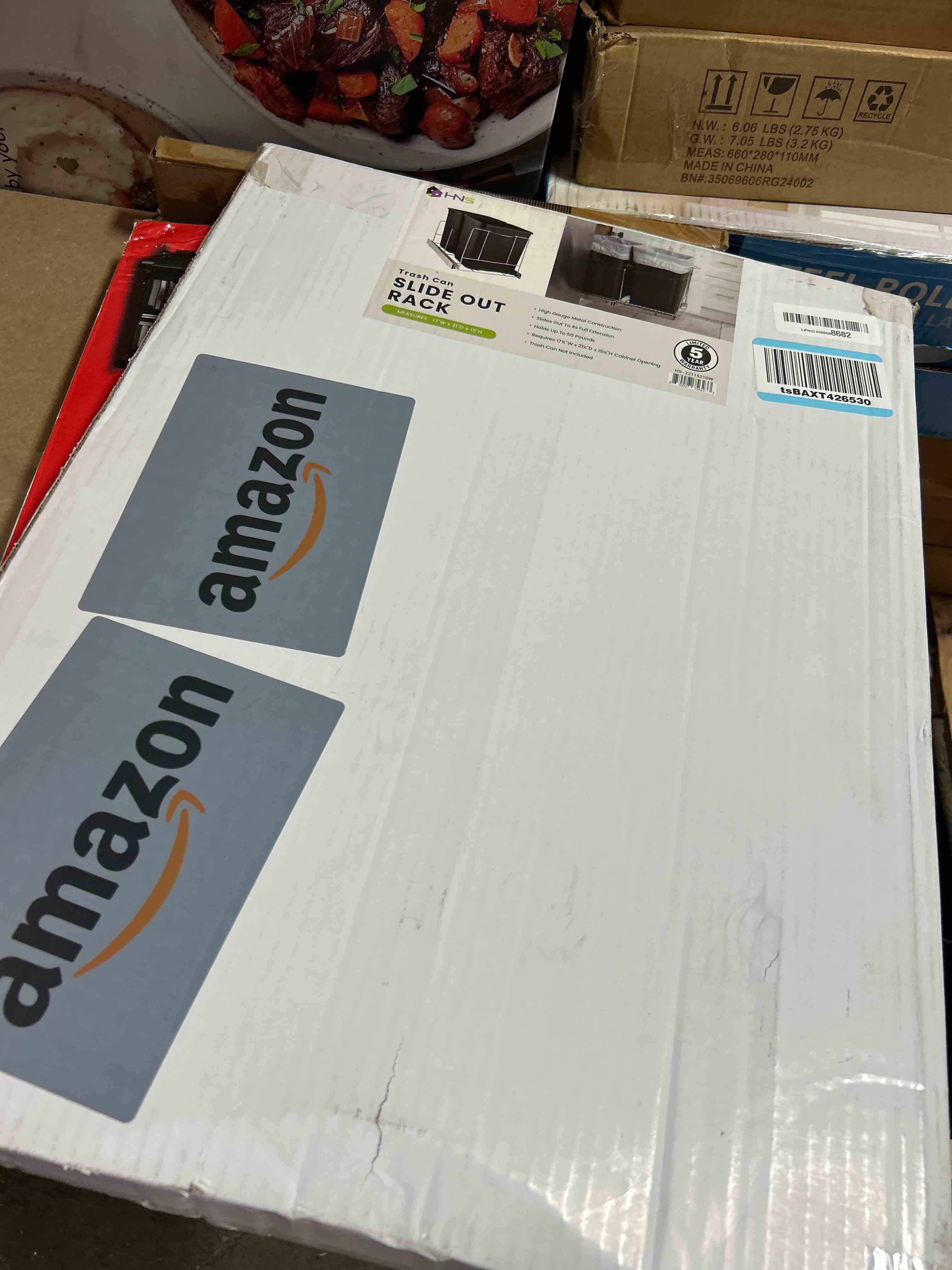 Condition photo showing New/Like New for HOLDN’ STORAGE Pull Out Double Trash Can Under Cabinet - Two 7 Gallon Trash Can Included, Adjustable, Heavy Duty with Lifetime Limited Warranty 17¾” Wide Cabinet Opening - Anti Rust Chrome Finish