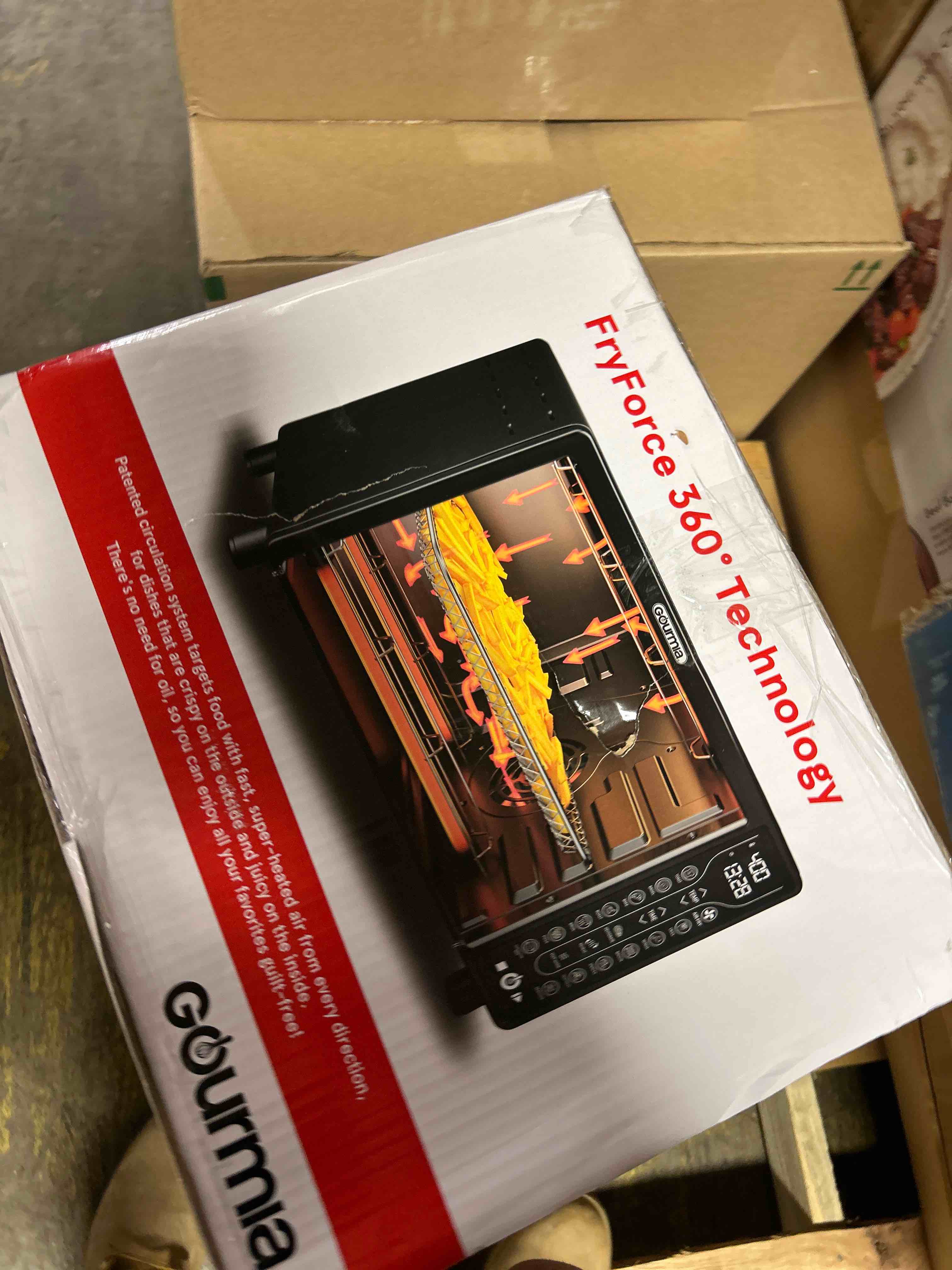 Condition photo showing New/Like New for Gourmia French Door Air Fryer – 25 Qt Large Capacity Convection Oven, Fryforce 360°, Digital Display with 17 Cooking Presets, Bake, Toast, Roast, Dehydrate, Fits 12” Pizza