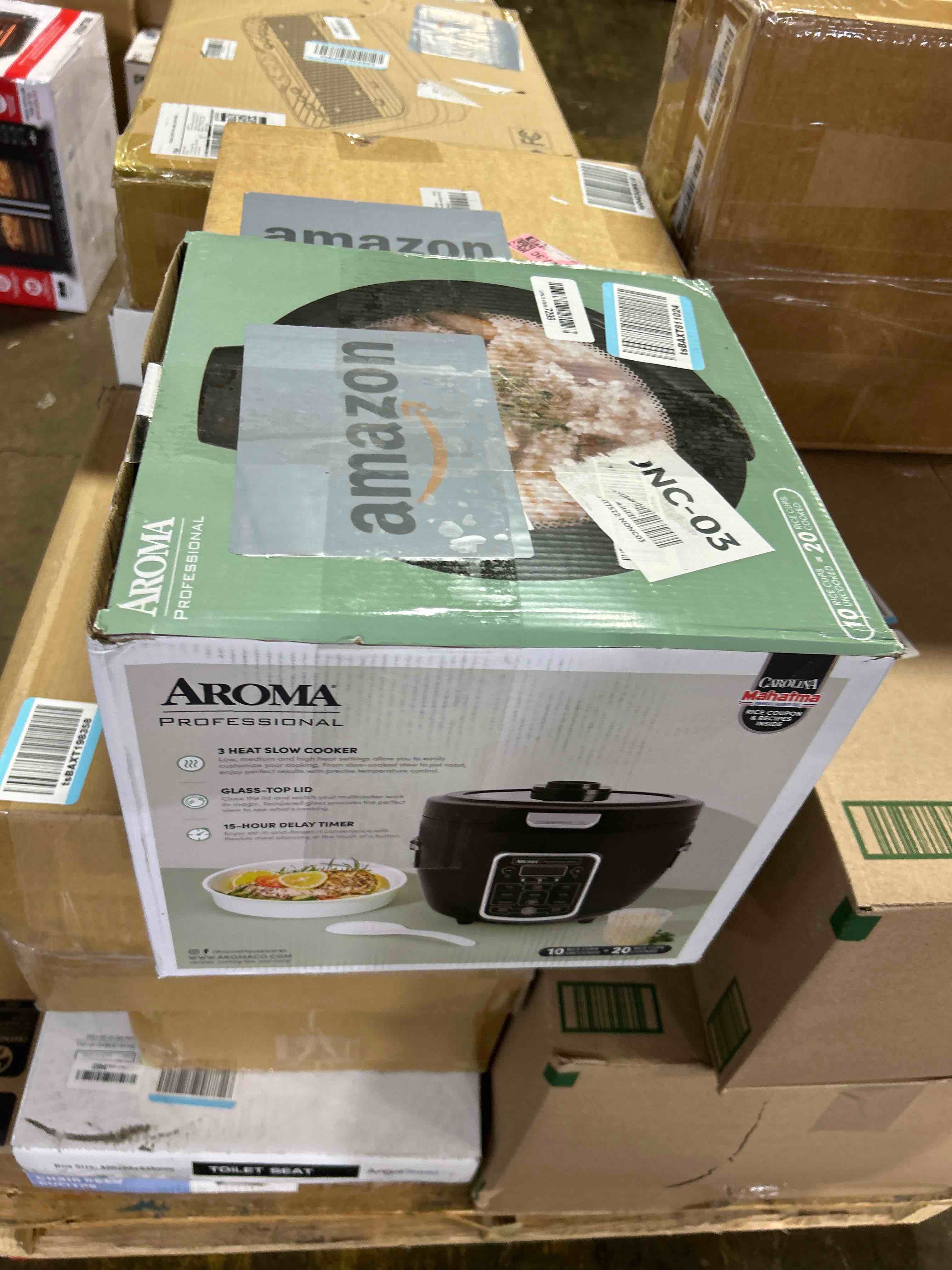 Condition photo showing New/Like New for Aroma Professional Touch Glass Lid, Food Steamer, Slow Cooker, Multicooker with 11 Preset Functions, Steam Tray, Measuring Cup, Rice Spatula, 20 Cooked Black