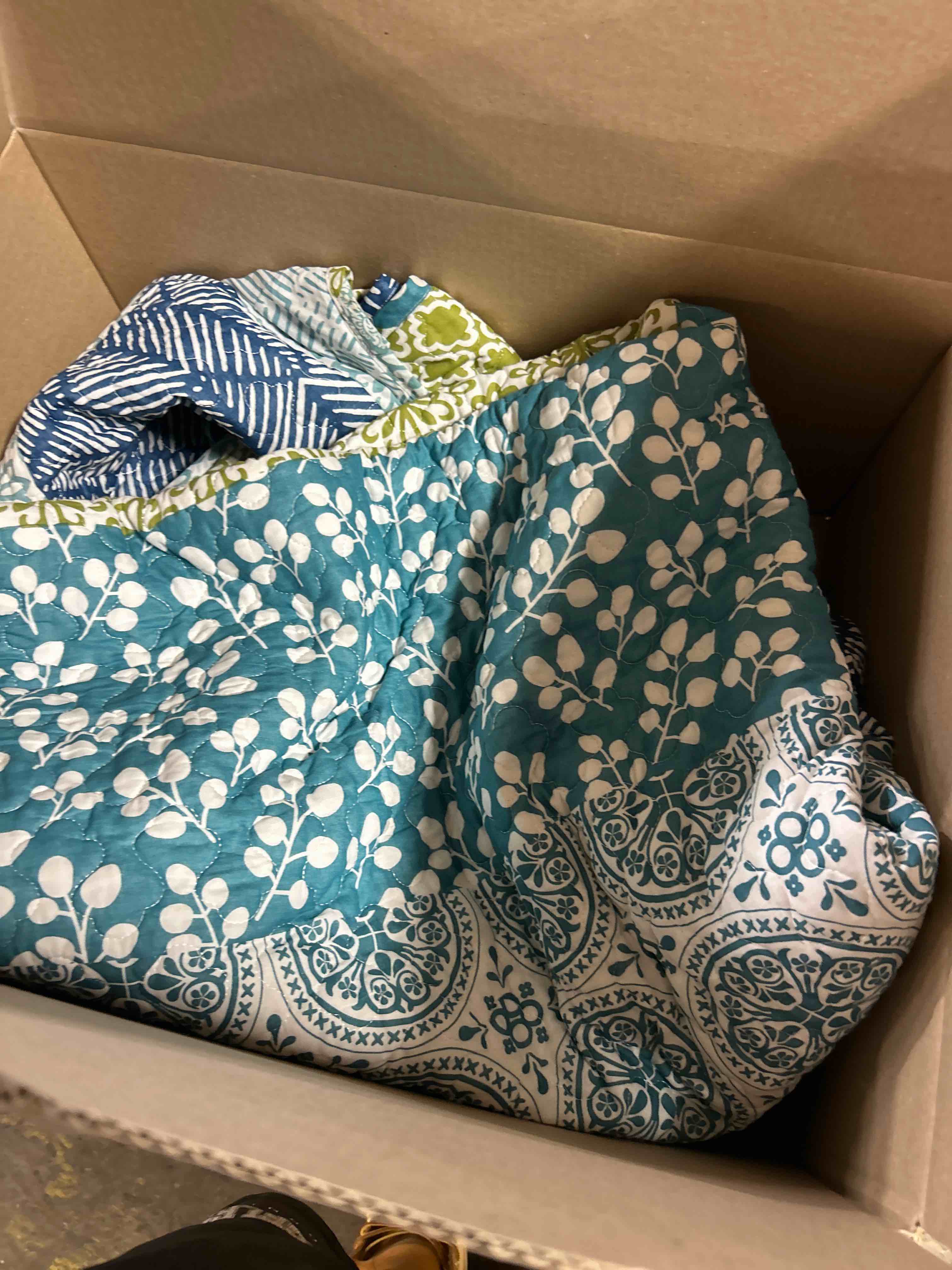 Condition photo showing As Is for Lush Decor Bohemian Stripe Reversible Cotton Quilt Set, 3 Piece Set, King, Blue & Green - Boho Bedding Set - Bold & Colorful - Striped Quilt - Maximalist & Boho Bedroom (Blanket only)