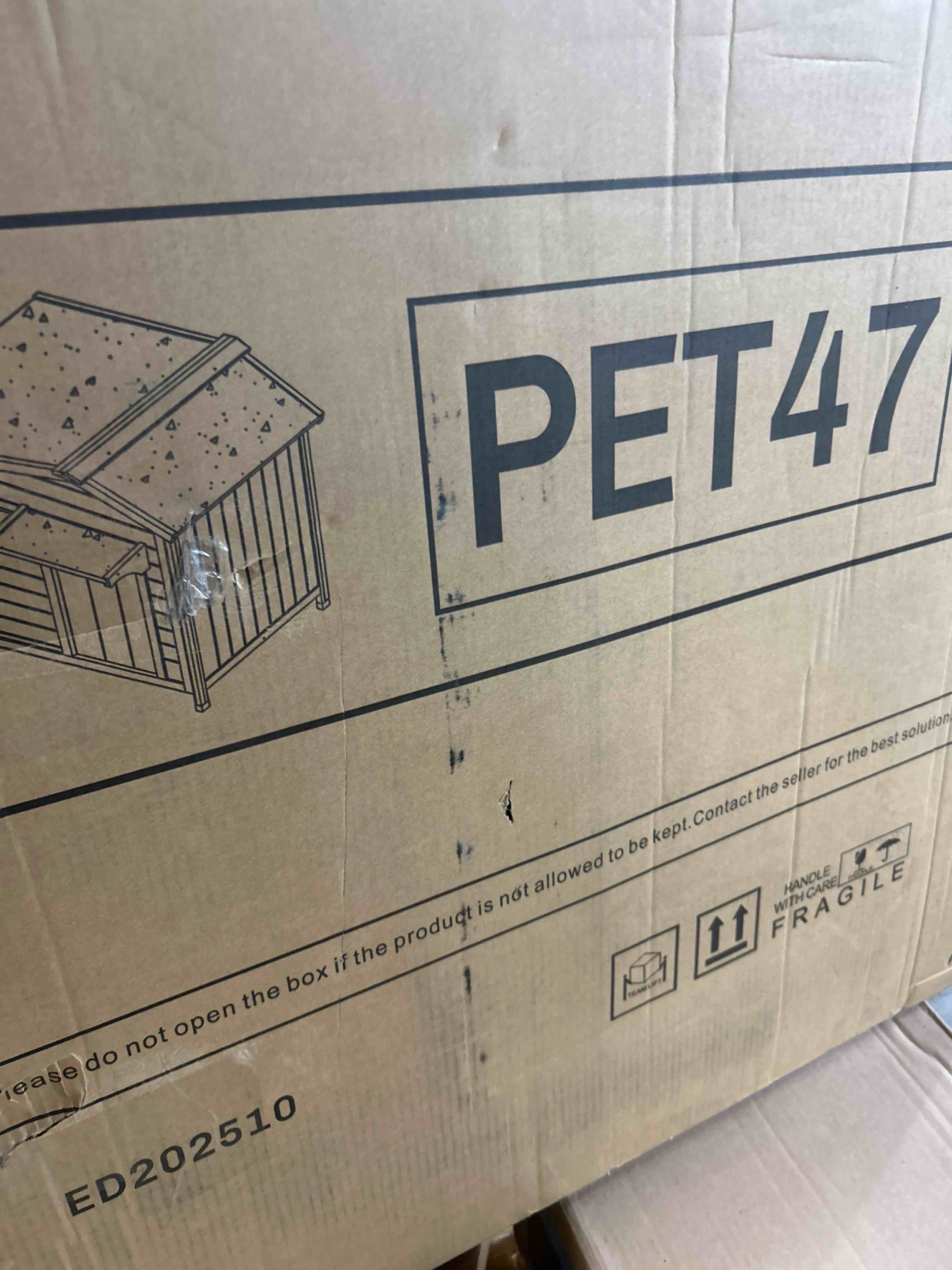 Condition photo showing As Is for Outdoor Dog House Waterproof for Small to Medium Dogs Breeds with Openable Asphalt Roof, Anti-Chewing Iron Frame, Window, Weatherproof Indoor Outside (34" LX 22" WX 26.5" H)(Similar pet house)