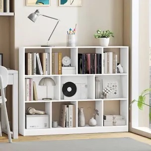 vasagle custos collection - bookshelf, 3-tier bookcase, book shelf, open storage shelf, 9.4 x 49.6 x 39.4 inches, for living room, home office, dining room, cloud white