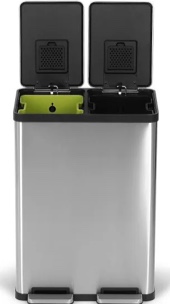 SIMPLI-MAGIC 60 Liter / 16 Gallon Rectangular Hands-Free Dual Compartment Recycling Kitchen Step Trash Can with Soft-Close Lid, Brushed Stainless Steel