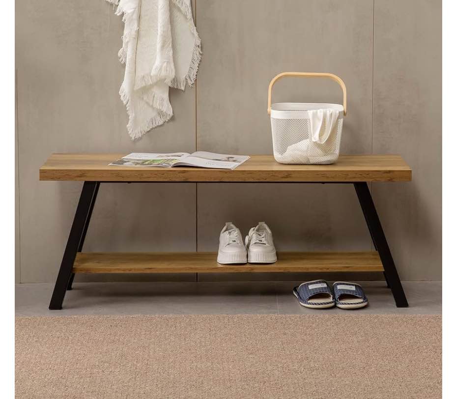 Entryway Bench, Farmhouse Indoor Entry Way Shoe Benches Seat, Industrial Metal Shoe Storage Bench Organizer for Living Room, Bedroom, Hallway (Rustic Oak)