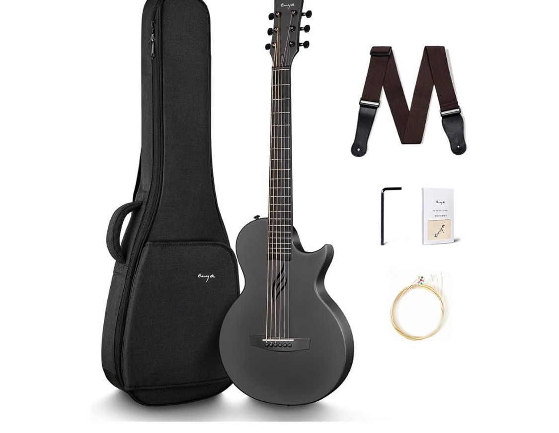 Enya Nova Go Carbon Fiber Acoustic Guitar 1/2 Size Beginner Adult Travel Acustica Guitarra w/Starter Bundle Kit of Colorful Packaging, Acoustic Guitar Strap, Gig Bag, Cleaning Cloth, String(Black)