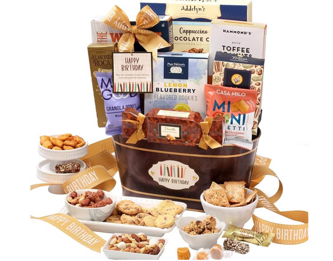 Broadway Basketeers Happy Birthday Gift Basket with Chocolates & Sweets Send Happy Birthday Wishes With This Beautiful Display Basket Enjoy a Large Assortment of Sweets & Savory Treats, Perfect for Mom, Dad, Friends