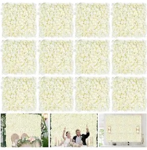 Ivory Backdrop Flowers Wall Panels: 12 Pcs 15 x 15 Inch Floral Backdrop Artificial Flower Wall Decor for Baby Shower Wedding Photo Background Decoration (3.75ft by 5ft)