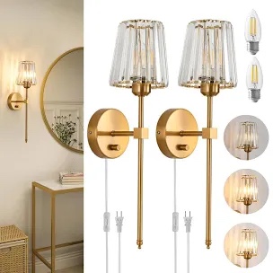 Crystal Wall Sconces Set of 2, Dimmable Wall Sconce with Plug in Cord and Dimmer Gold Plug in Wall Lamp Wall Mounted Light with Crystal Shade for Living Room Bedroom Vanity Light, Bulbs Included