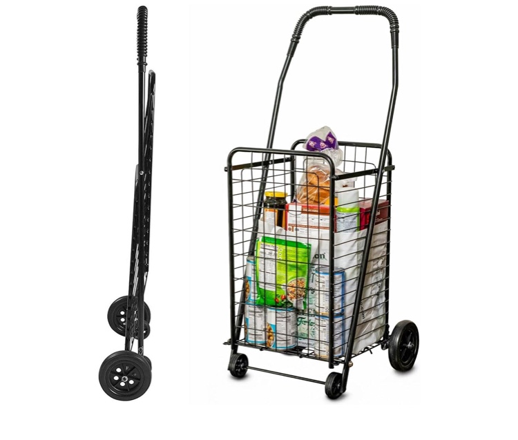 DMI Utility Cart with Wheels to be used for Shopping, Grocery, Laundry and Stair Climber Cart, Weighs 7.5 Pounds but holds up to 90 Pounds, Compact and Foldable, Black