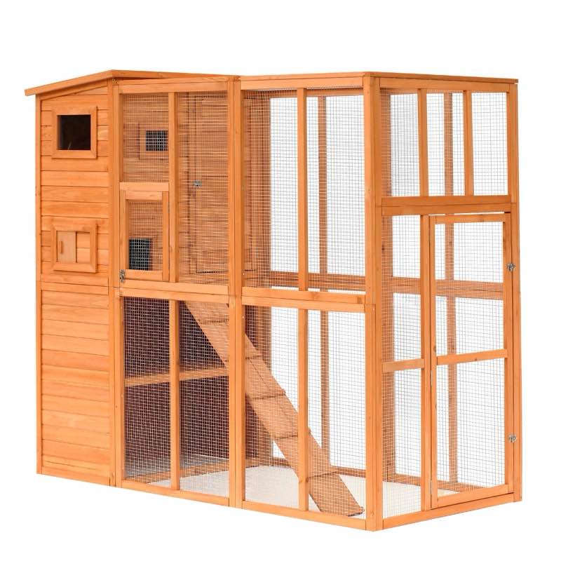 PawHut Outdoor Catio, Cat House Wooden Feral Cat Shelter, Cat Cage with Platforms, Waterproof Asphalt Roof, Ramps, 77" L, Natural