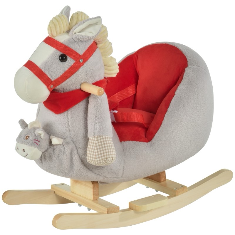 Qaba Kids Ride-On Rocking Horse Toy, Rocker with Lullaby Song, Hand Puppets & Soft Plush Fabric for Children 18-36 Months