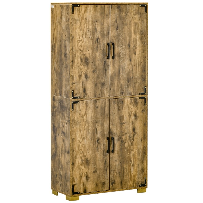 HOMCOM Industrial Kitchen Pantry Cabinet with 4 Doors and Storage Shelves, Freestanding Storage Cabinet, Rustic Wood