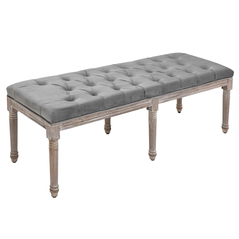 HOMCOM Bedroom End of Bed Bench, 56" Upholstered Entryway Bench with Button Tufted, Thick Padding and Wood Legs, French Vintage Style Linen-Feel Ottoman Bench for Hallway, Living Room