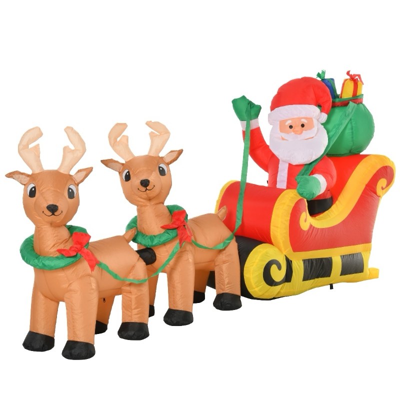 HOMCOM 8ft Long Christmas Inflatable Santa Claus with Sleigh and Reindeer, Outdoor Blow-Up Yard Decoration with LED Lights Display