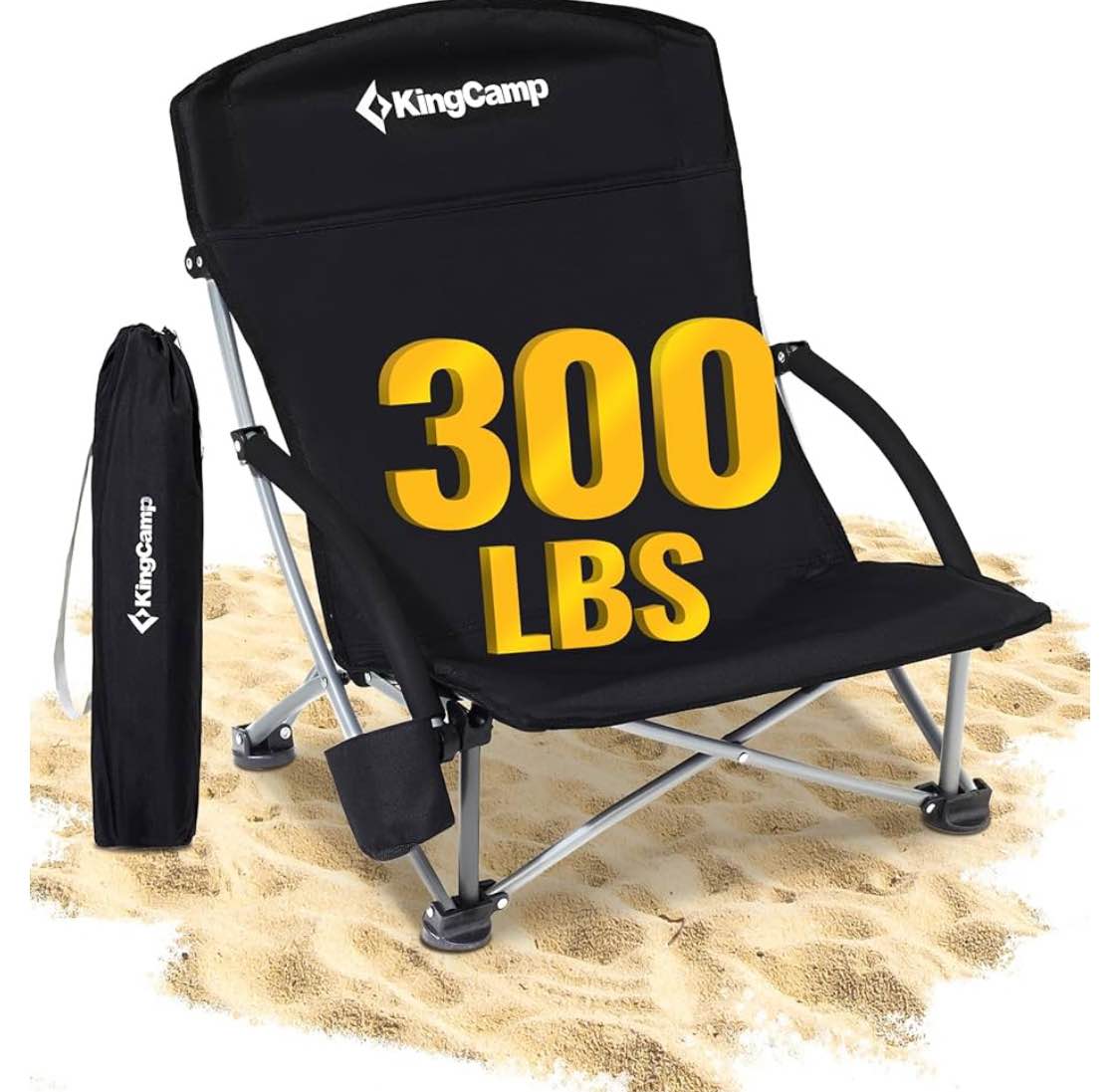 KingCamp Low Folding Beach Chairs for Adults,Portable Lightweight Lowback Sling Chair with Headrest,Cup Holder,Carry Bag Armrest,Foldable Chair for Sand Camping Concert Travel,300LBS