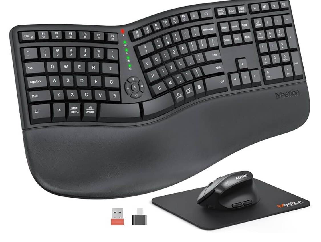 MEETION Ergonomic Wireless Keyboard and Mouse, Ergo Keyboard with Vertical Mouse, Split Keyboard with Cushioned Wrist, Palm Rest, Natural Typing, Rechargeable, Full Size, Windows/Mac/Computer/Laptop