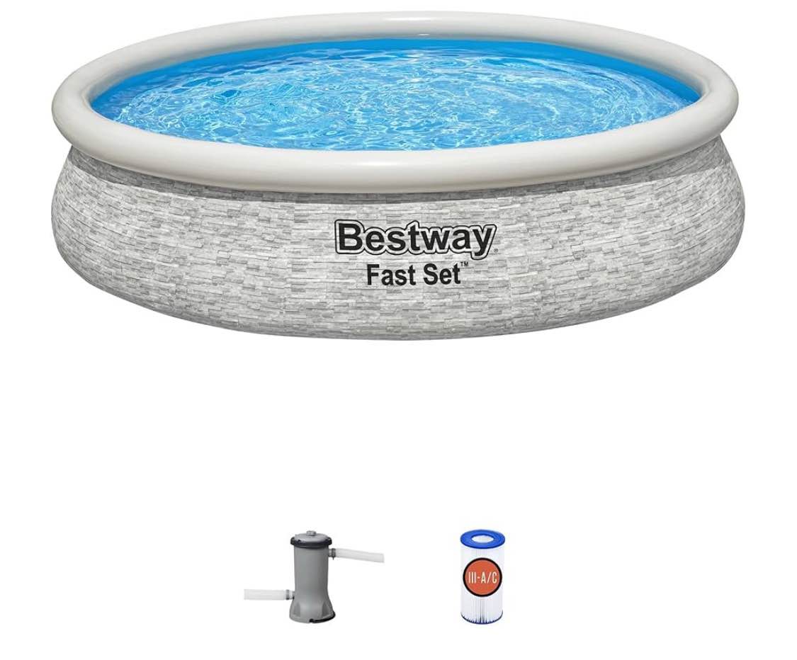 Bestway Fast Set 12' x 30" Round Inflatable Above Ground Swimming Pool Set, Stacked Stone Exterior Outdoor Family Pool with Filter Pump, Gray