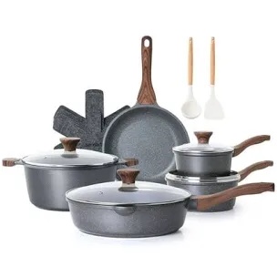 sensarte nonstick pots and pans set, 17 pieces non stick granite cookware set, induction kitchen cookware sets gray
