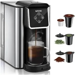 sifene single serve coffee maker, 3-in-1 quick brew for coffee pods, ground coffee, & loose tea, 6-12oz cup sizes, 50oz removable water tank, 1150w, compact, black