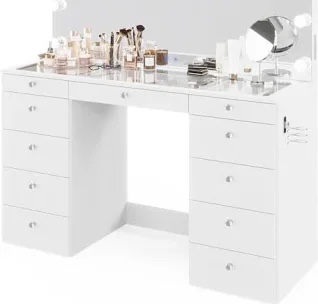 Orla Premium Vanity Table with Bluetooth Speakers, 11 Drawers, and LED Lighted Mirror
