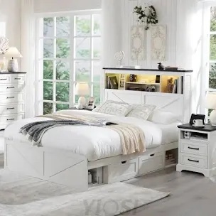 Farmhouse Storage Bed Frame With Headboard & Led Light & Usb, 4 Drawers Under Bed, Built In Charging Station, No Noise, No Box Spring Needed (Incomplete/Damged)