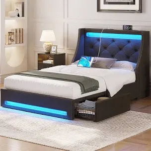 komor upholstered storage bed with charging station and led lights queen