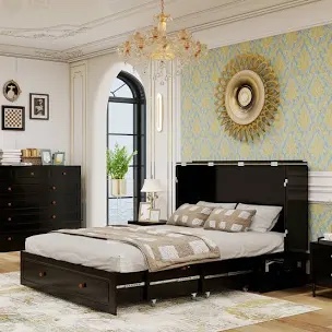 Queen Size Murphy Bed Chest with Storage, & Built-in Charger Black (Incomplete)