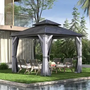 Outdoor Wood Gazebo, Hardtop Gazebo Permanent Cedar Wooden Gazebo with Galvanized Steel Double Roof, for Patio, Garden, Deck (Incomplete)