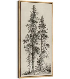 Vintage Pine Tree Drawing Classic Country Rustic Artwork - Extra Large Framed Wall Art Canvas Print